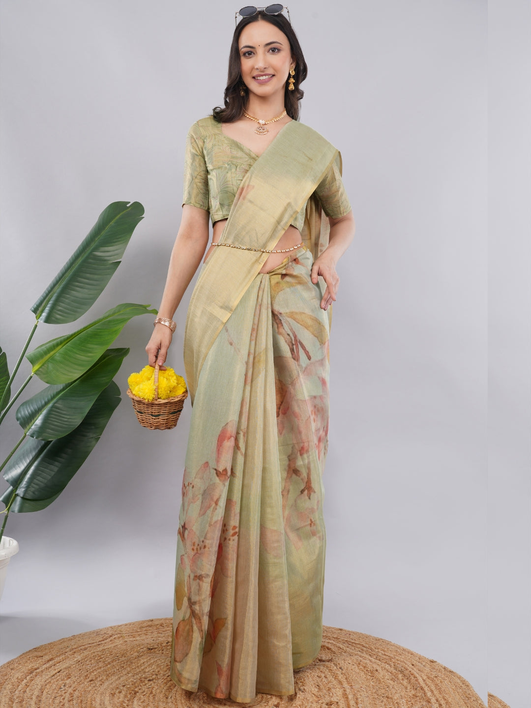Samantha Off White Green Rose Botanical Erode Zari Saree