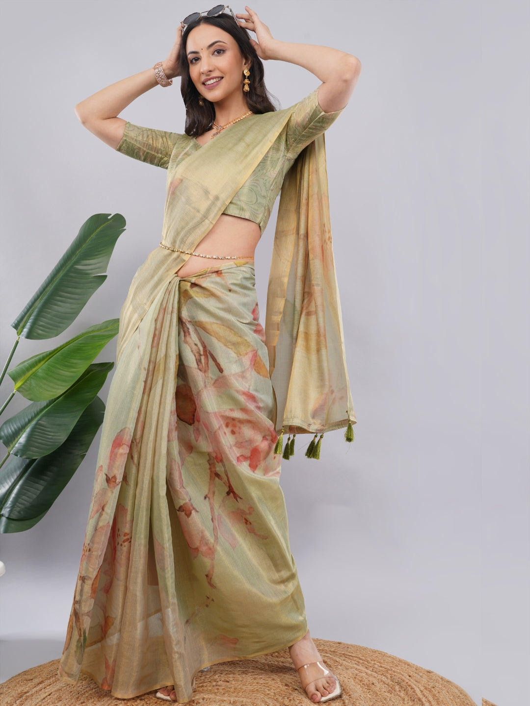 Samantha Off White Green Rose Botanical Erode Zari Saree