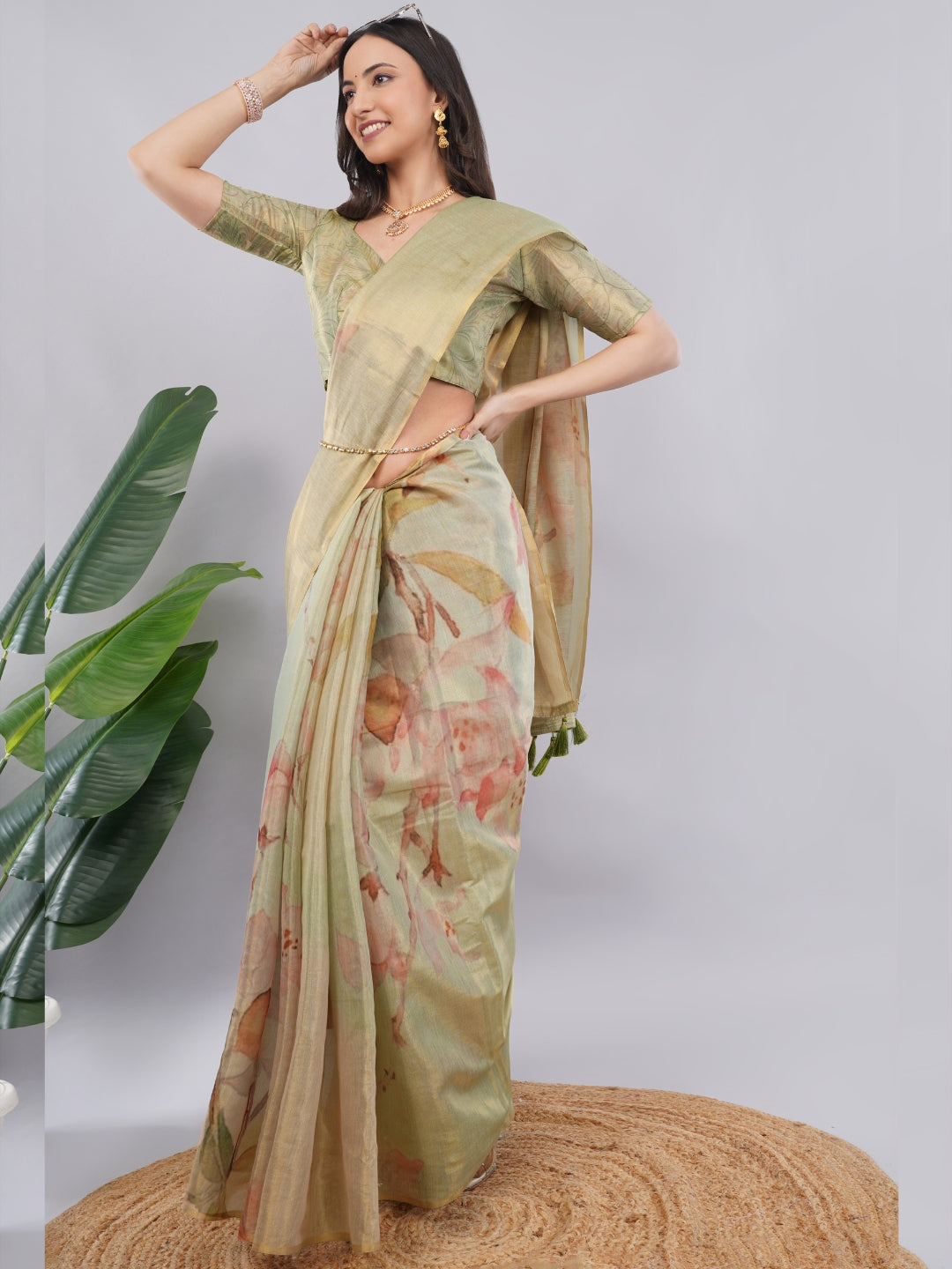 Samantha Off White Green Rose Botanical Erode Zari Saree