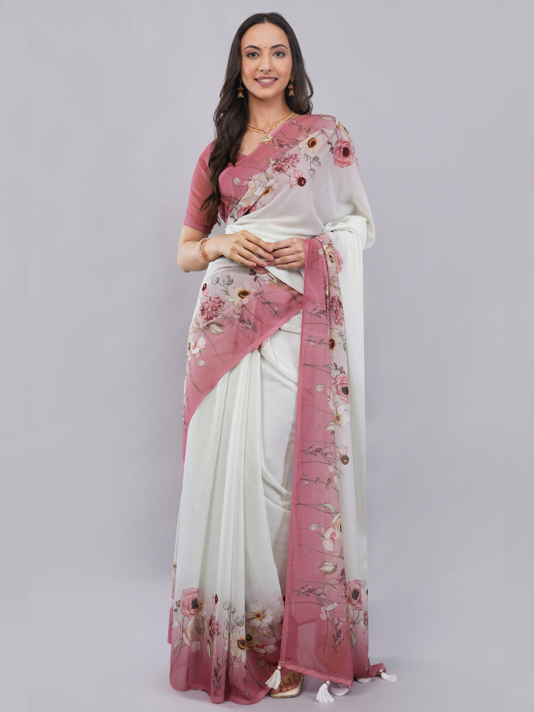 Samantha Off White Floral Printed Faux Chanderi Saree with Zari Pallu