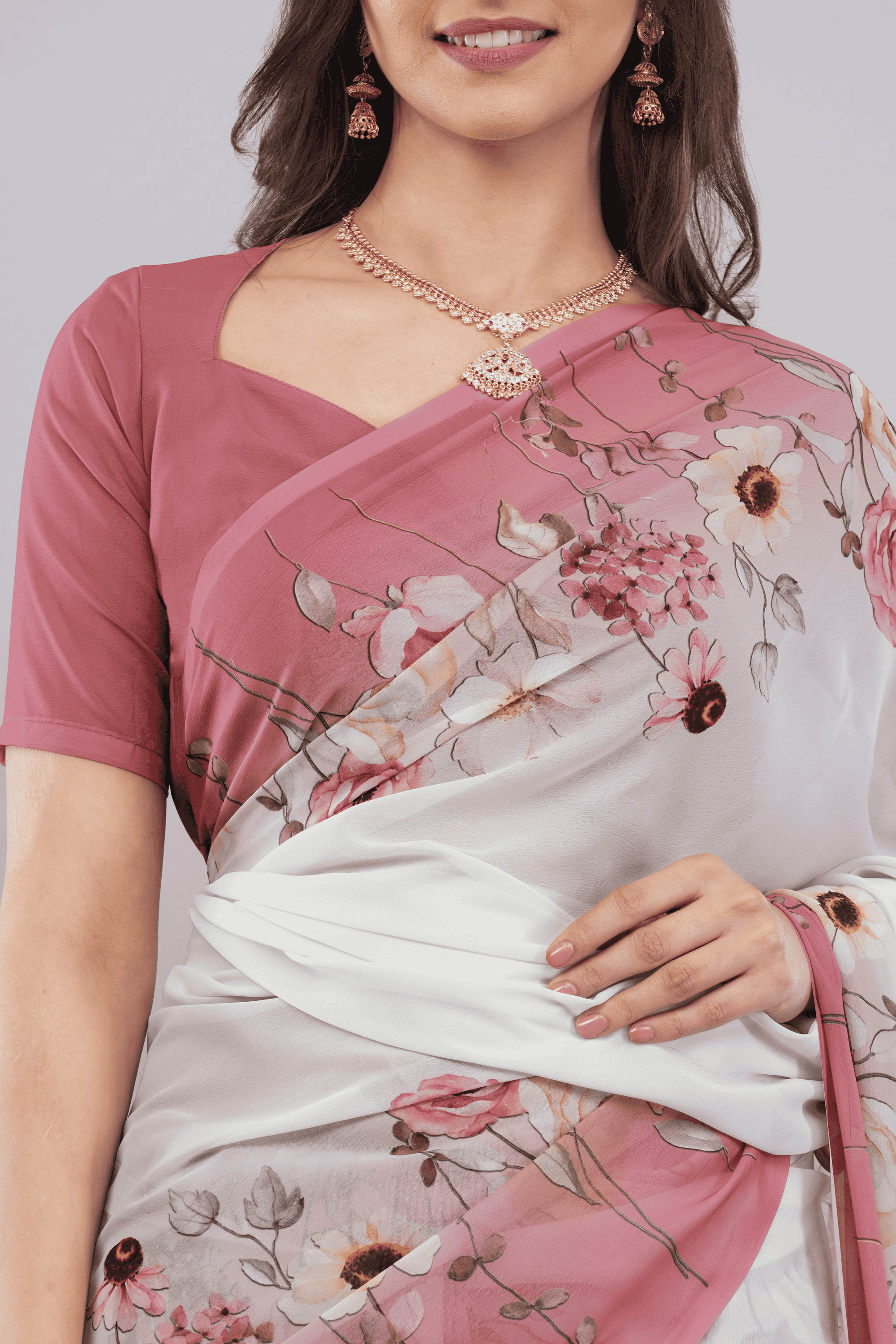Samantha Off White Floral Printed Faux Chanderi Saree with Zari Pallu