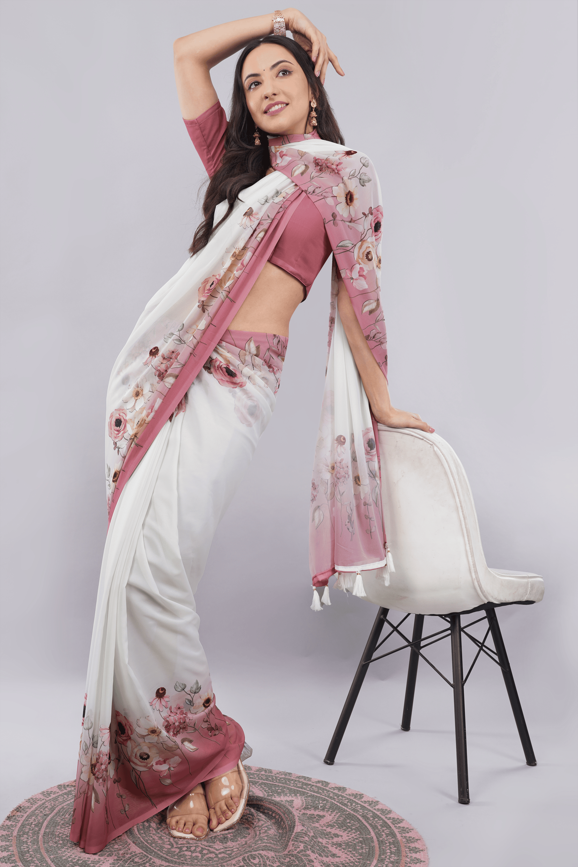 Samantha Off White Floral Printed Faux Chanderi Saree with Zari Pallu