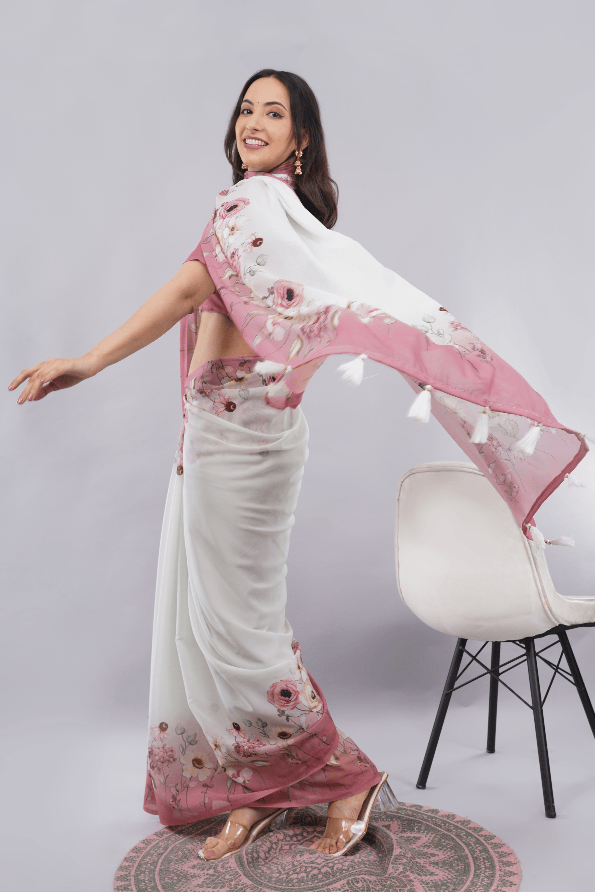 Samantha Off White Floral Printed Faux Chanderi Saree with Zari Pallu