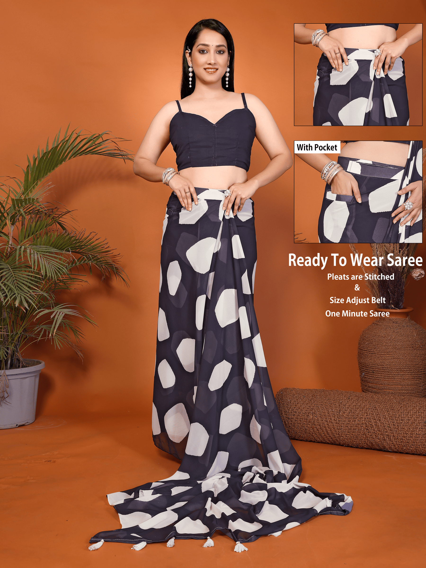 Navy Blue & White Abstract Print Ready-to-Wear Saree with Pocket and Sleeveless Blouse