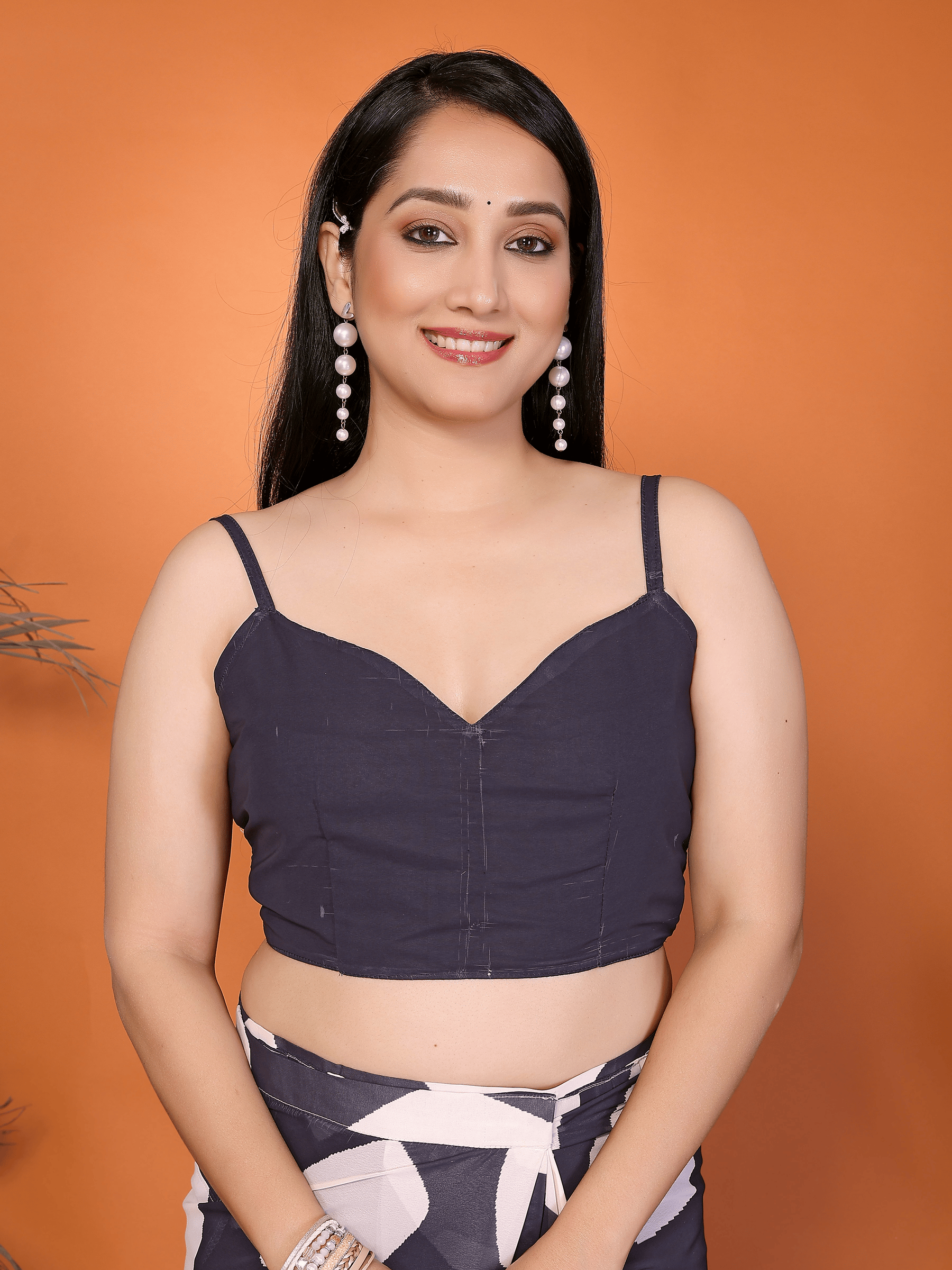 Navy Blue & White Abstract Print Ready-to-Wear Saree with Pocket and Sleeveless Blouse