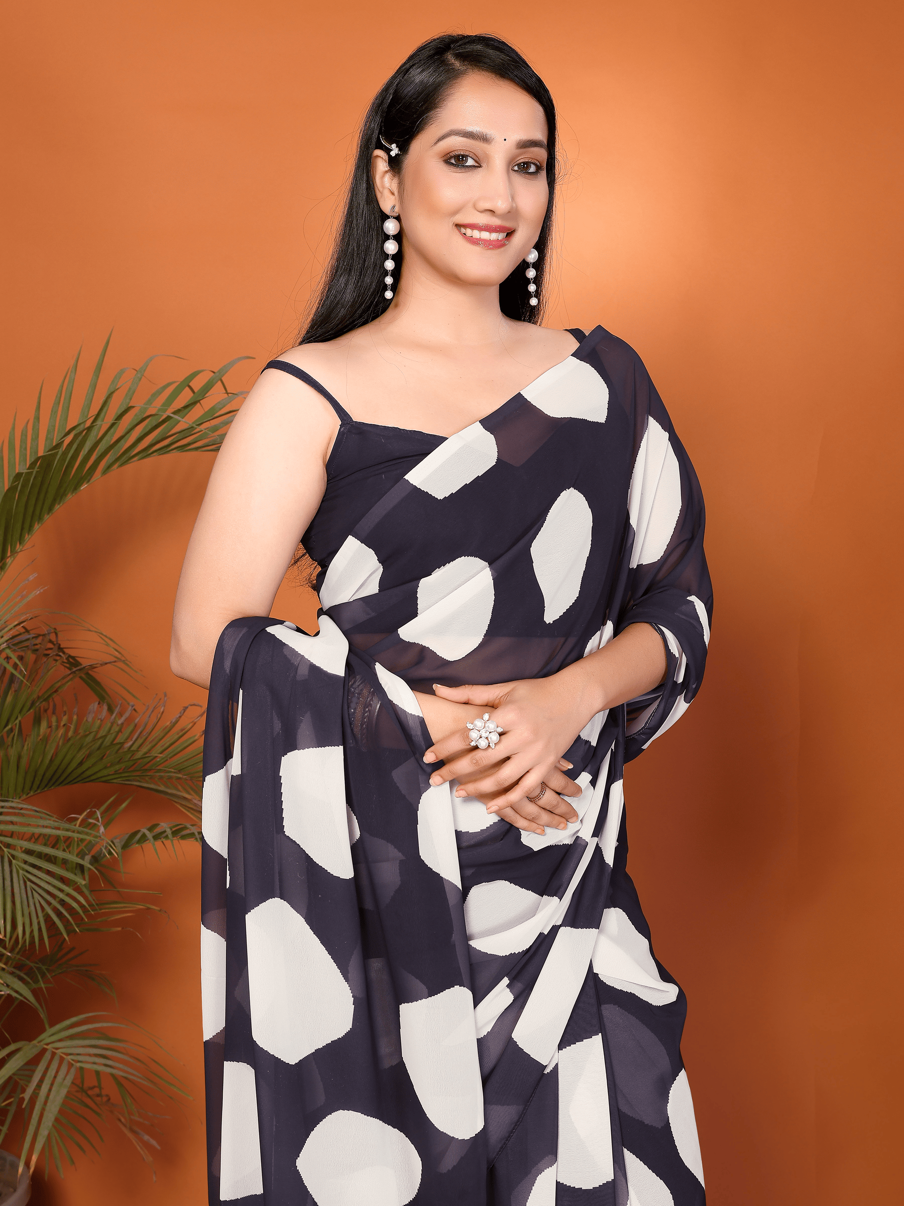 Navy Blue & White Abstract Print Ready-to-Wear Saree with Pocket and Sleeveless Blouse