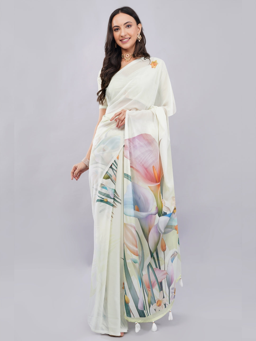 Samantha Off White Rose Vine Printed Faux Chanderi Saree with Self-Woven Border