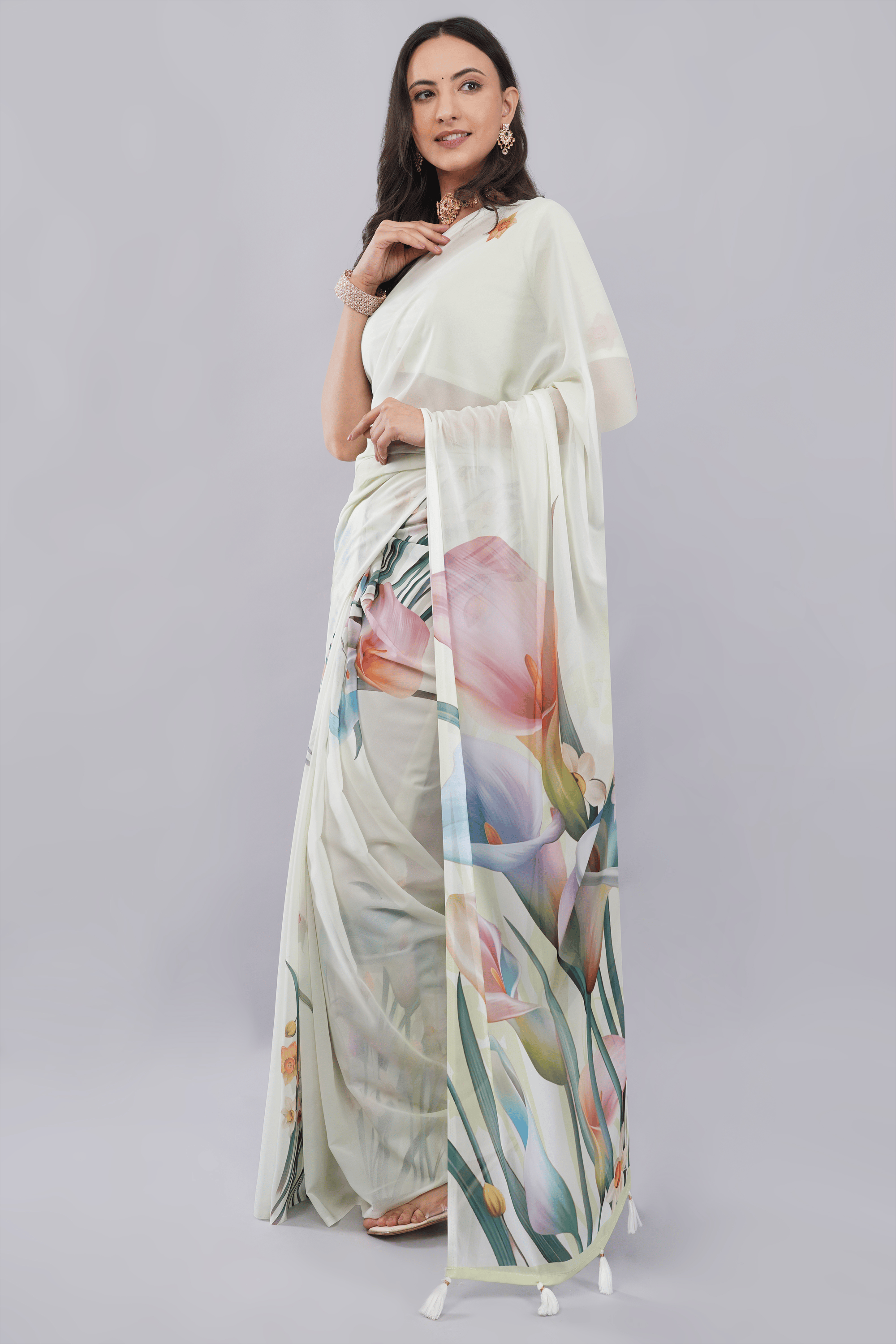 Samantha Off White Rose Vine Printed Faux Chanderi Saree with Self-Woven Border