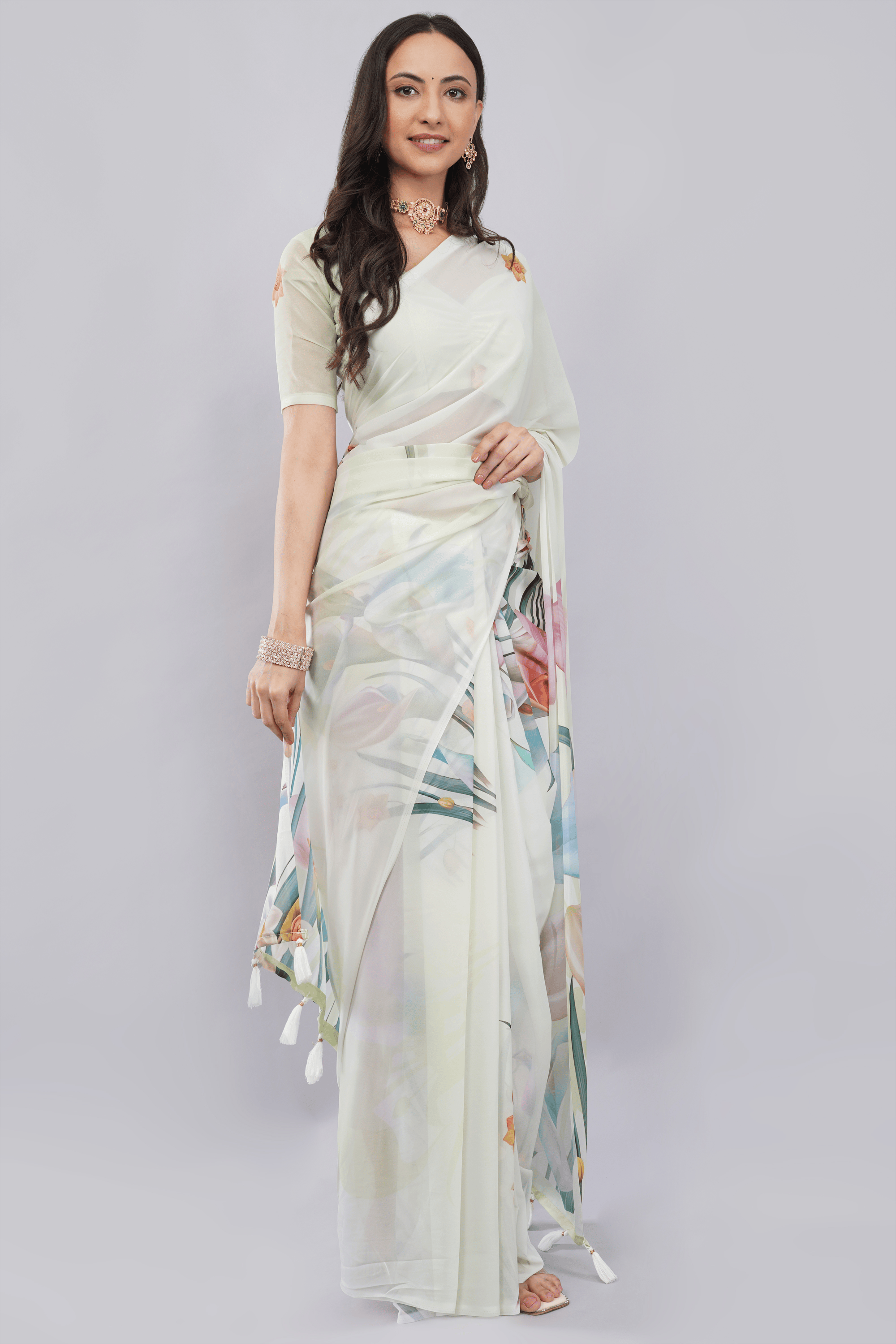 Samantha Off White Rose Vine Printed Faux Chanderi Saree with Self-Woven Border