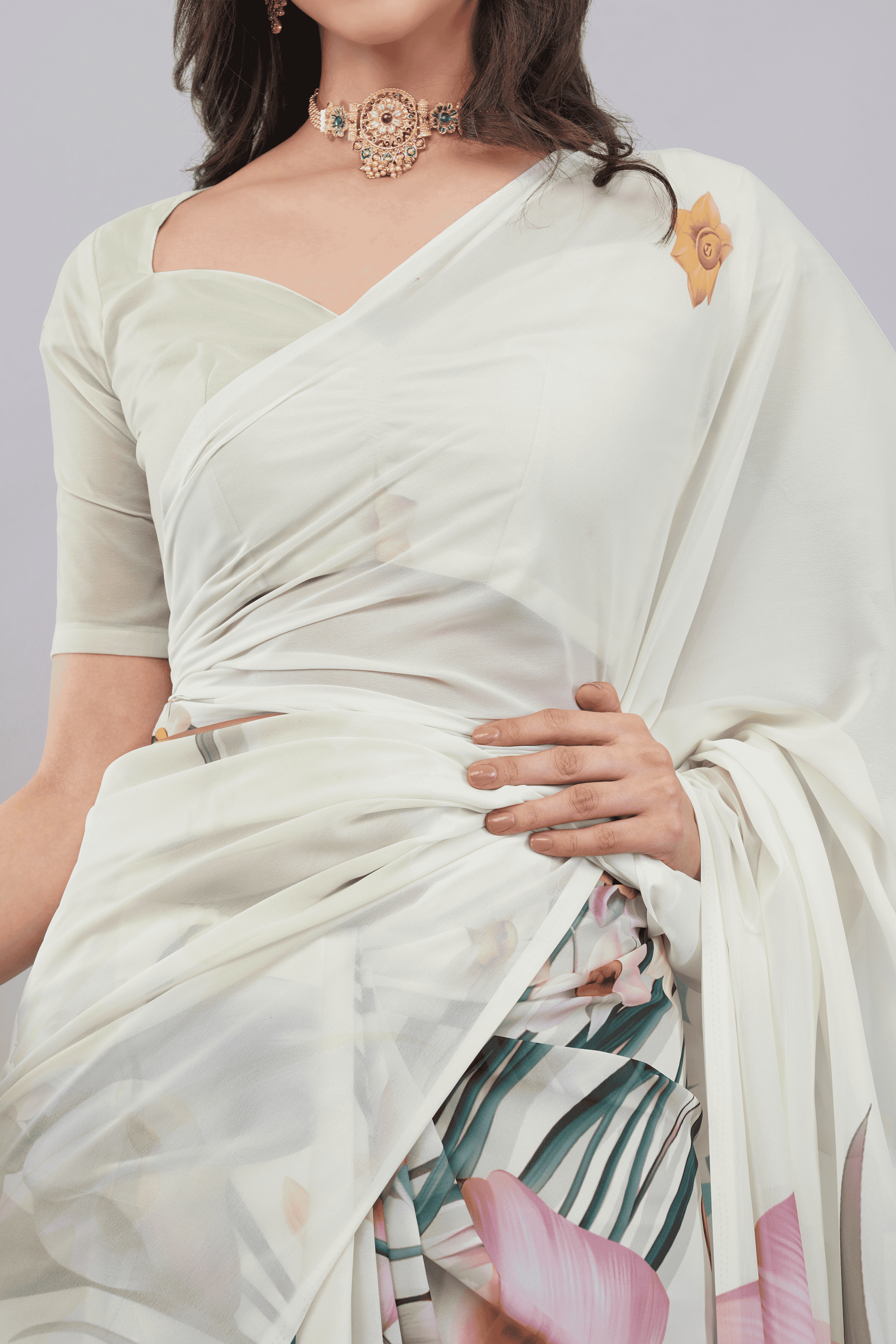Samantha Off White Rose Vine Printed Faux Chanderi Saree with Self-Woven Border