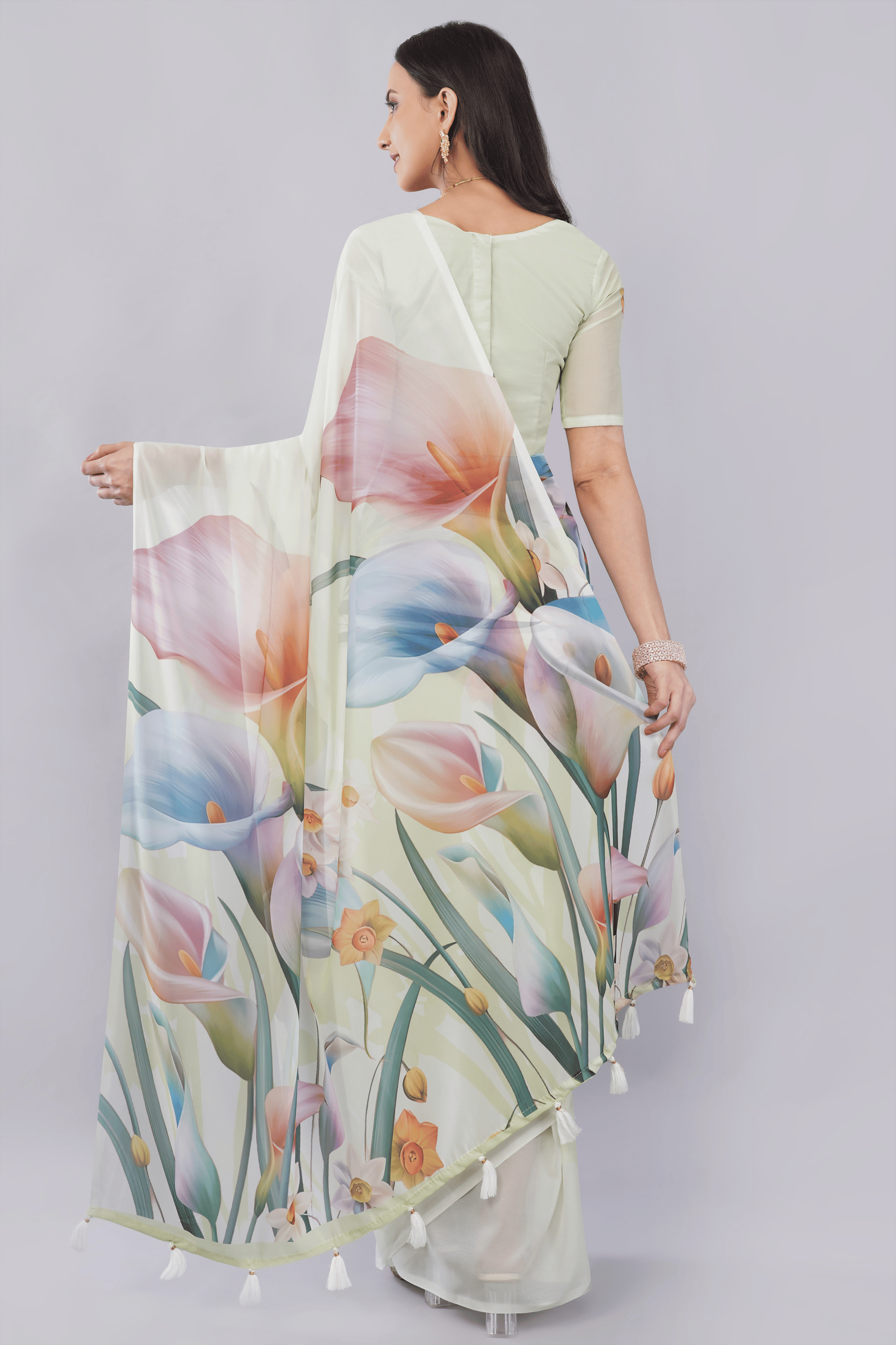Samantha Off White Rose Vine Printed Faux Chanderi Saree with Self-Woven Border