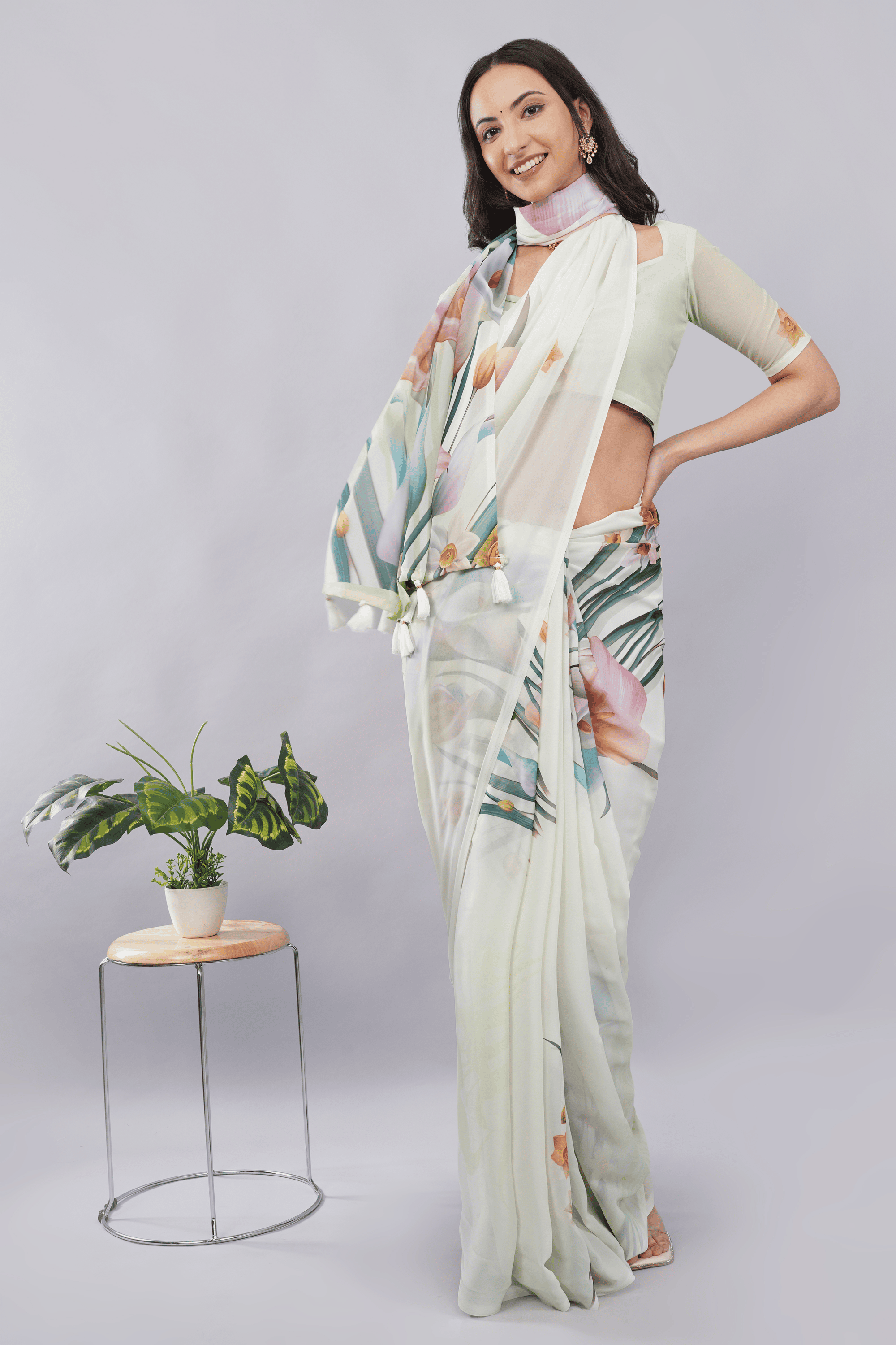 Samantha Off White Rose Vine Printed Faux Chanderi Saree with Self-Woven Border
