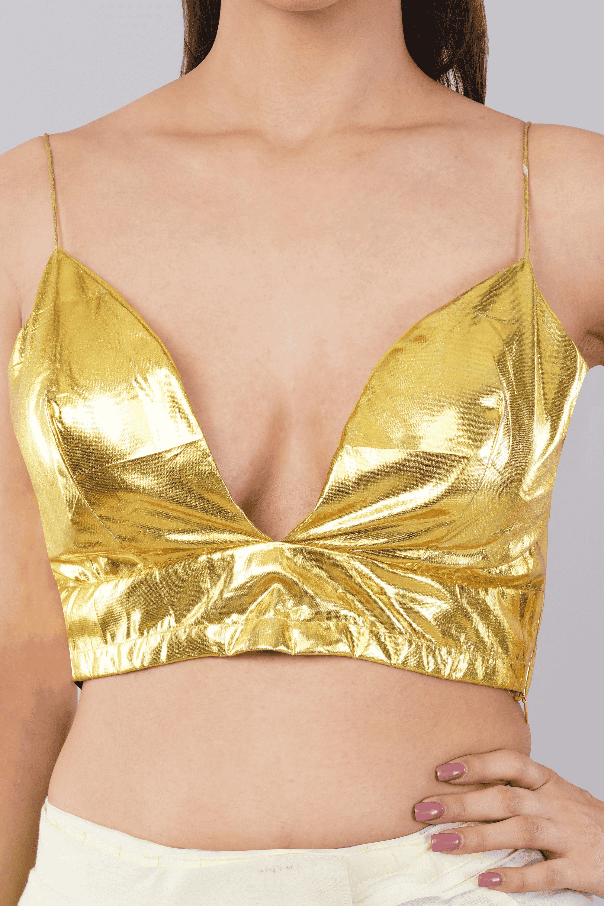 Gold Metallic Foil Blouse with Spaghetti Straps and Deep V-Neck