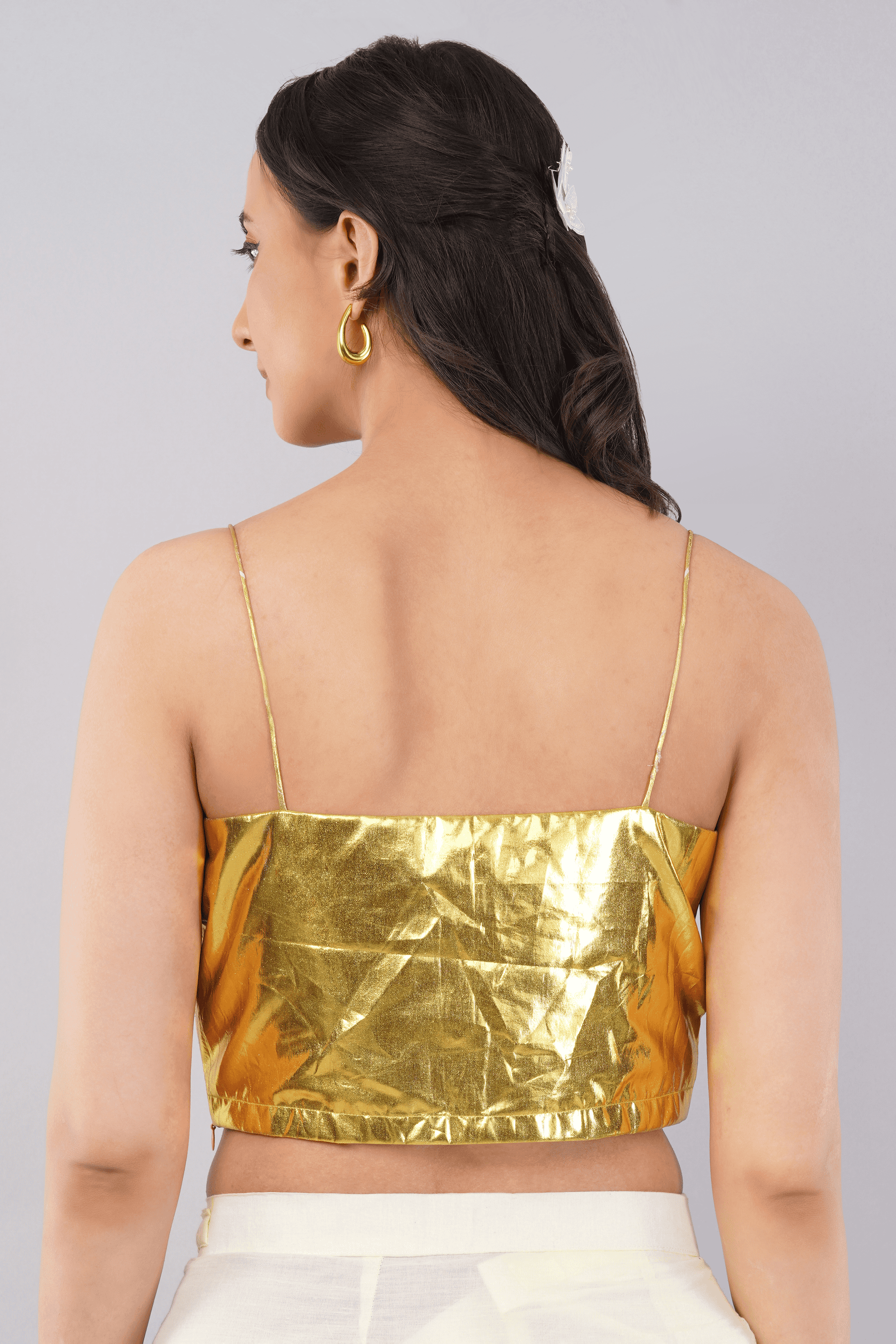 Gold Metallic Foil Blouse with Spaghetti Straps and Deep V-Neck