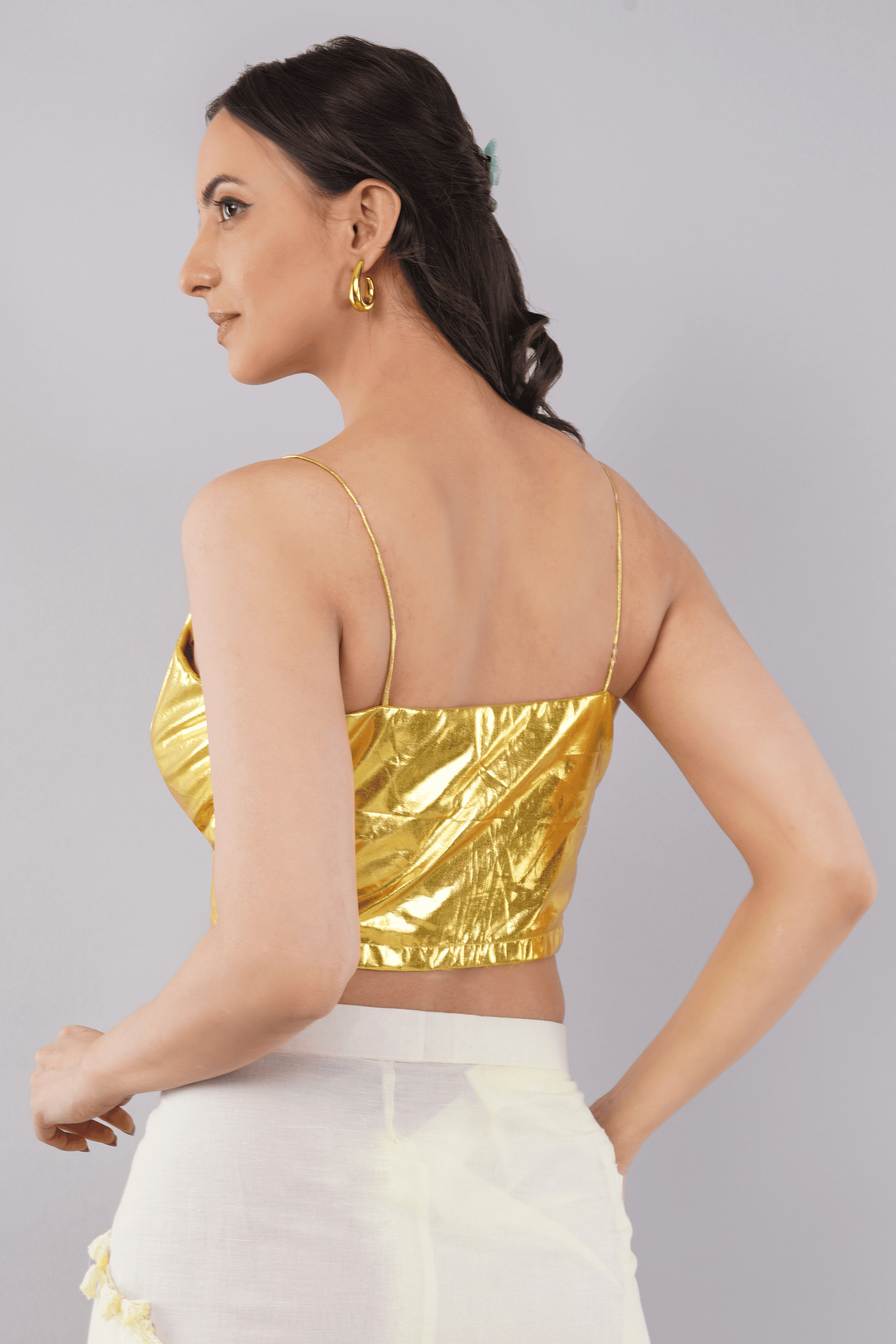 Gold Metallic Foil Blouse with Spaghetti Straps and Deep V-Neck