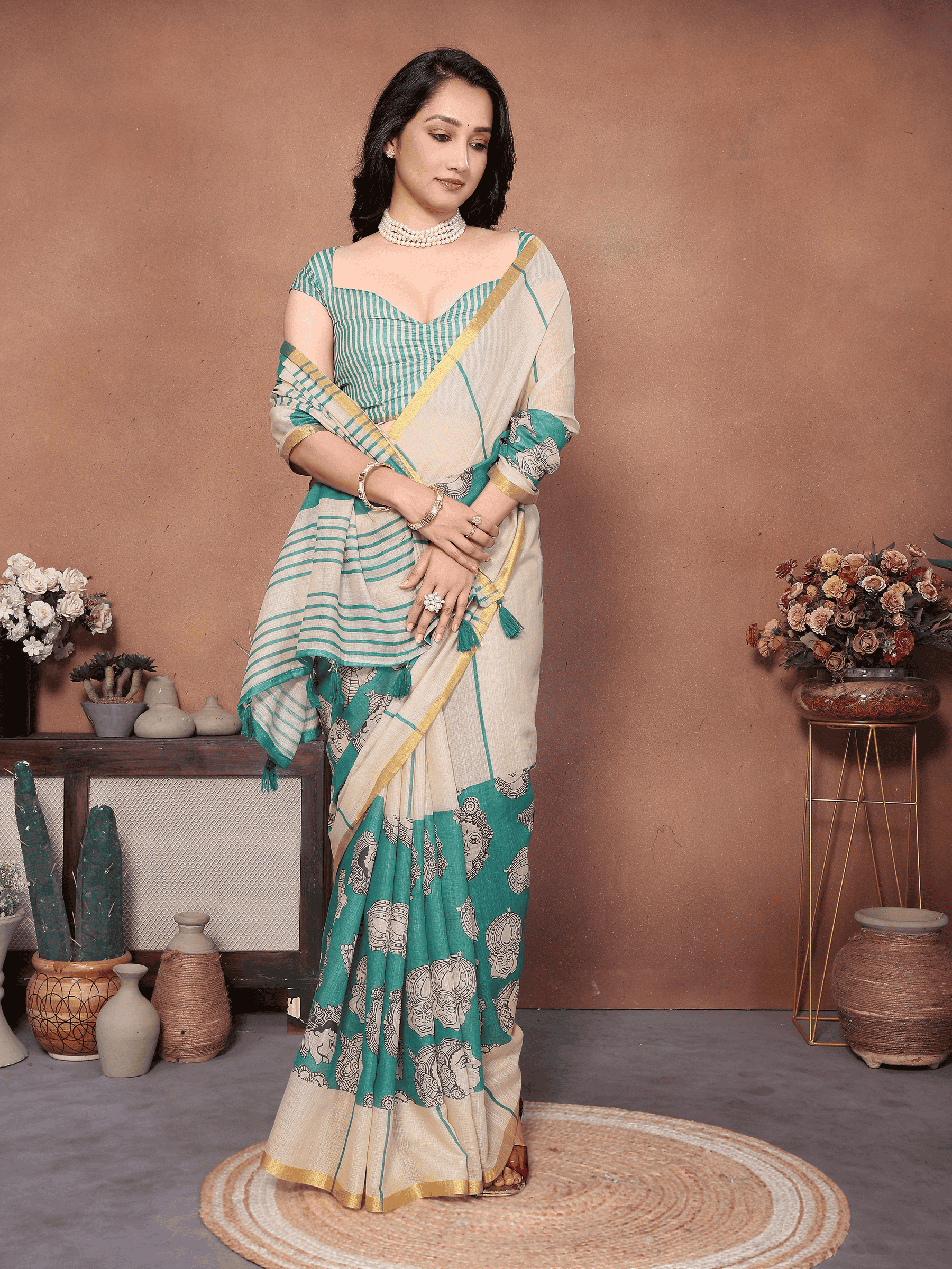 Cream & Sea-Green Kathakali Print Linen-Look Saree with Gold Zari Border and Ruched Blouse