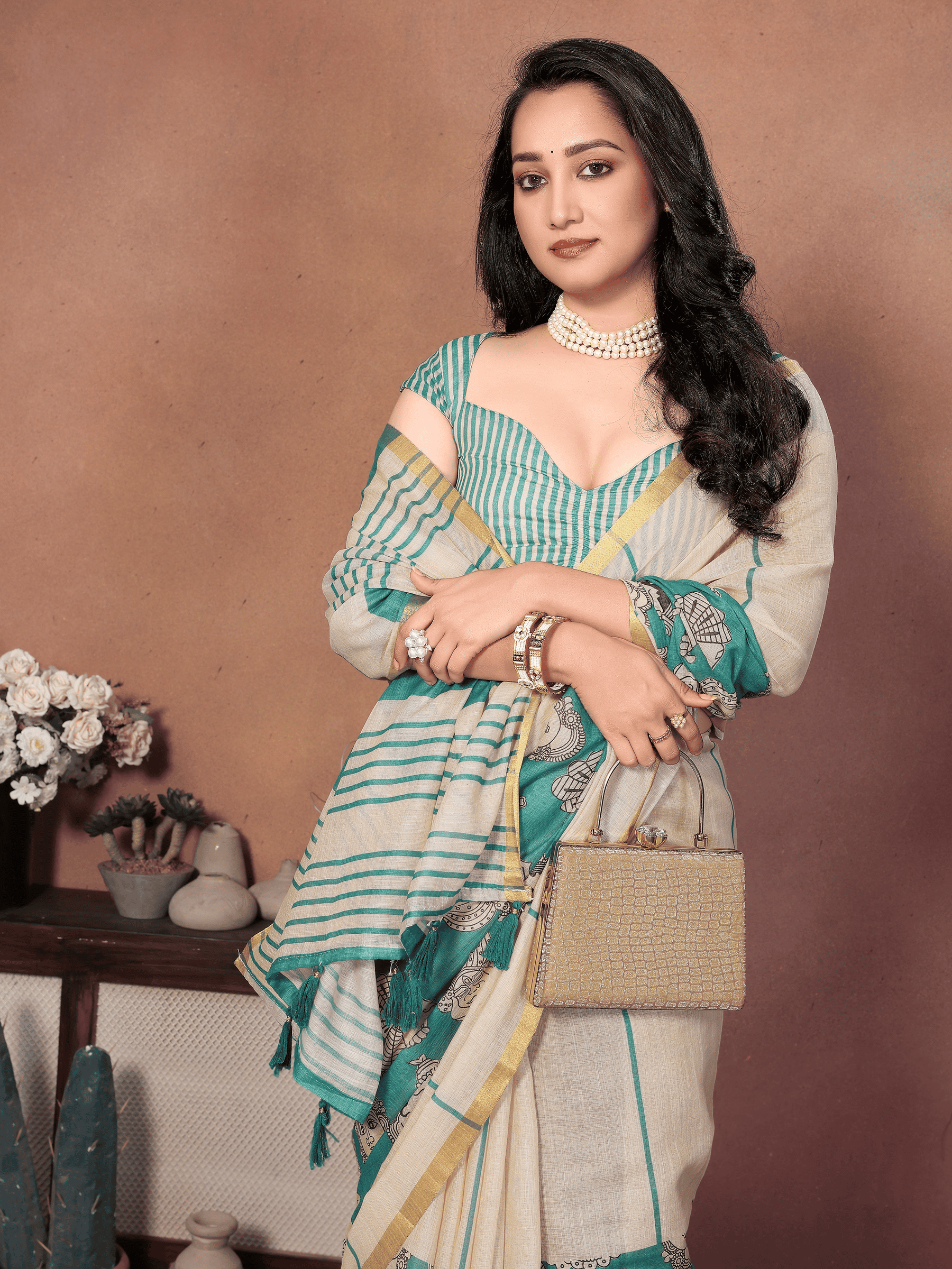 Cream & Sea-Green Kathakali Print Linen-Look Saree with Gold Zari Border and Ruched Blouse