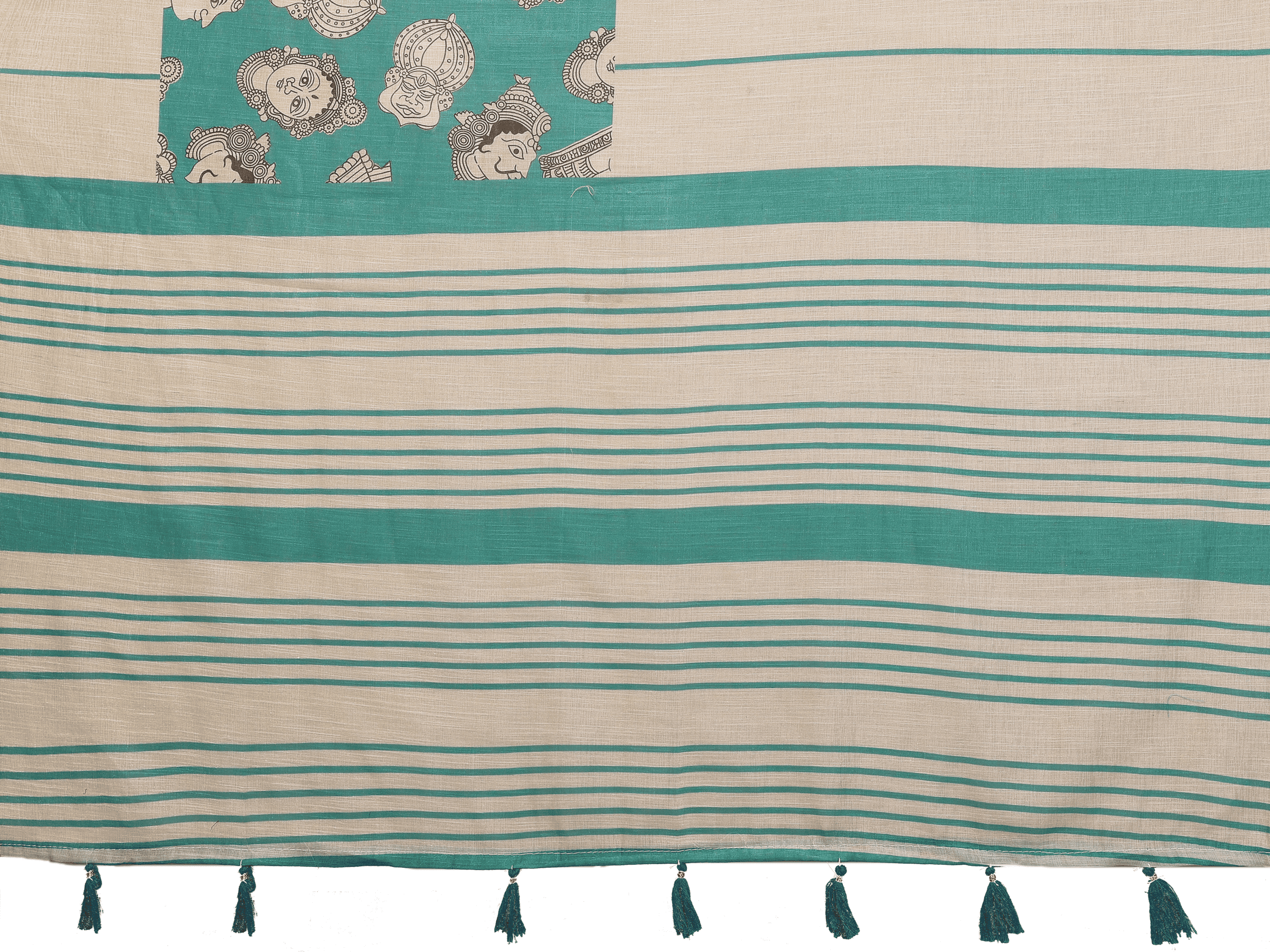 Cream & Sea-Green Kathakali Print Linen-Look Saree with Gold Zari Border and Ruched Blouse