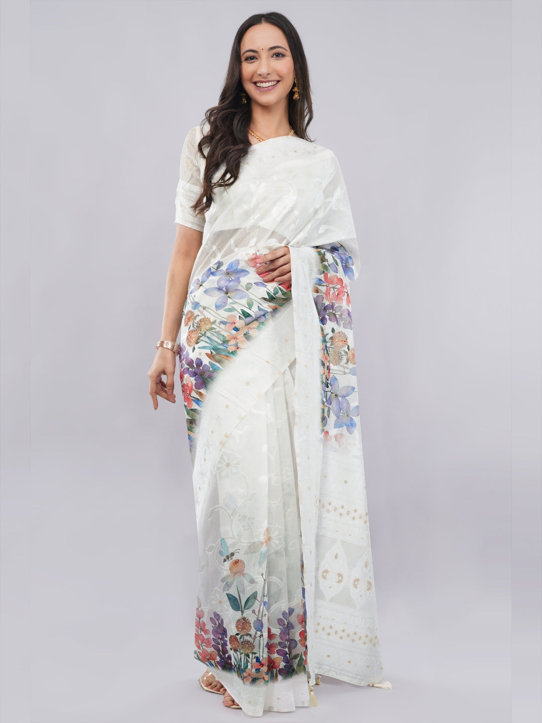Samantha White Floral Printed Linen Saree with Tassel Pallu