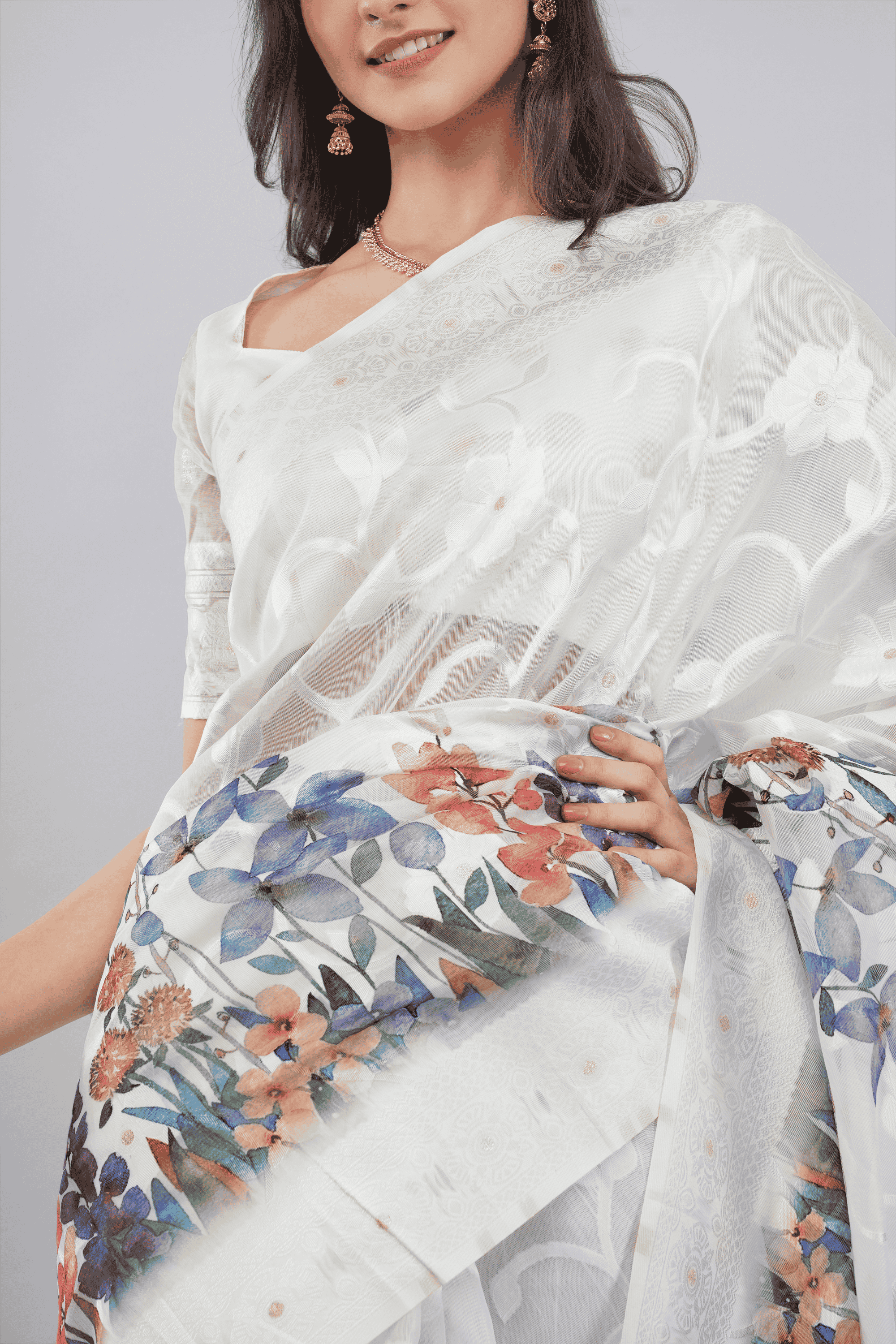 Samantha White Floral Printed Linen Saree with Tassel Pallu