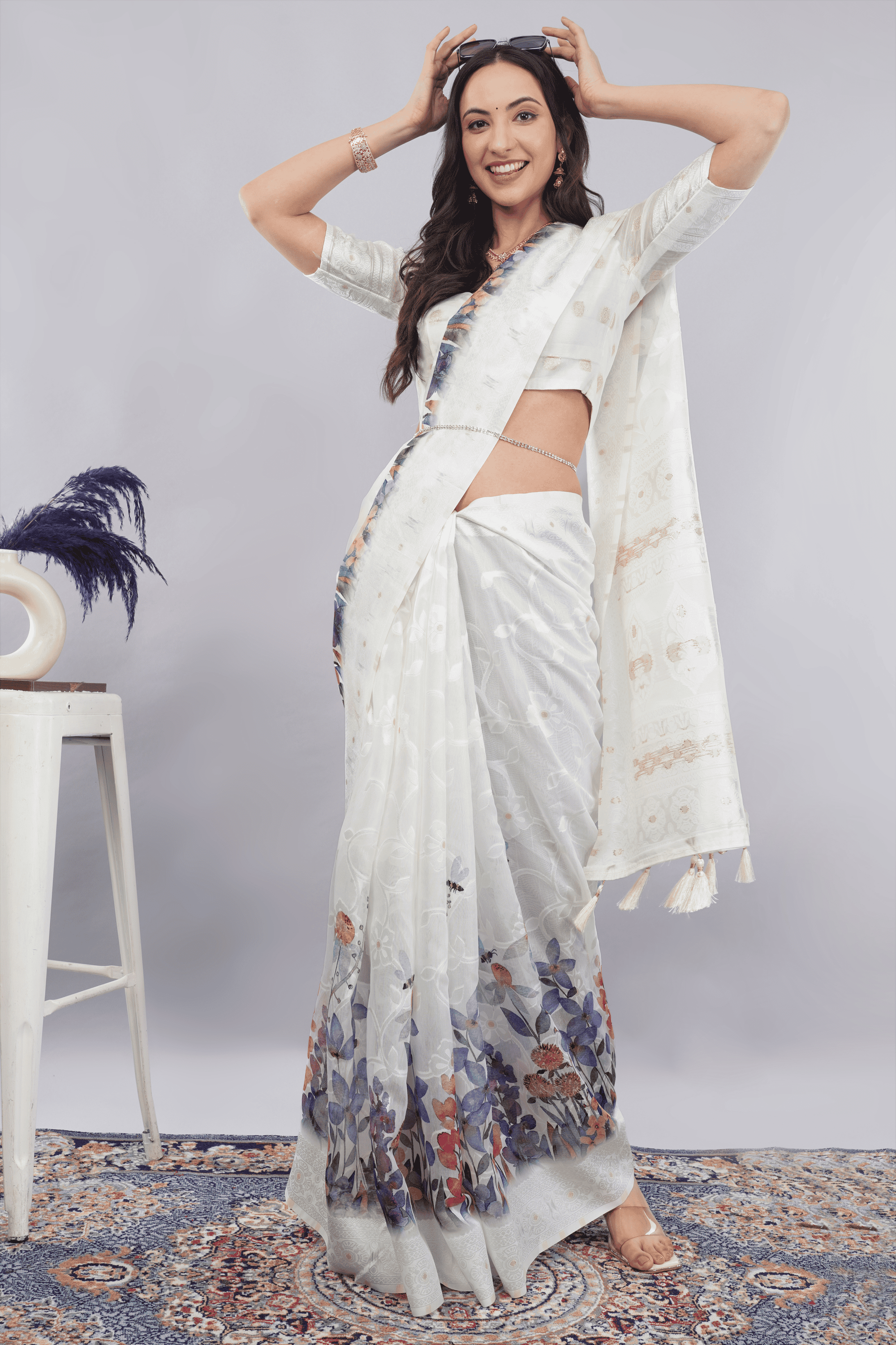 Samantha White Floral Printed Linen Saree with Tassel Pallu