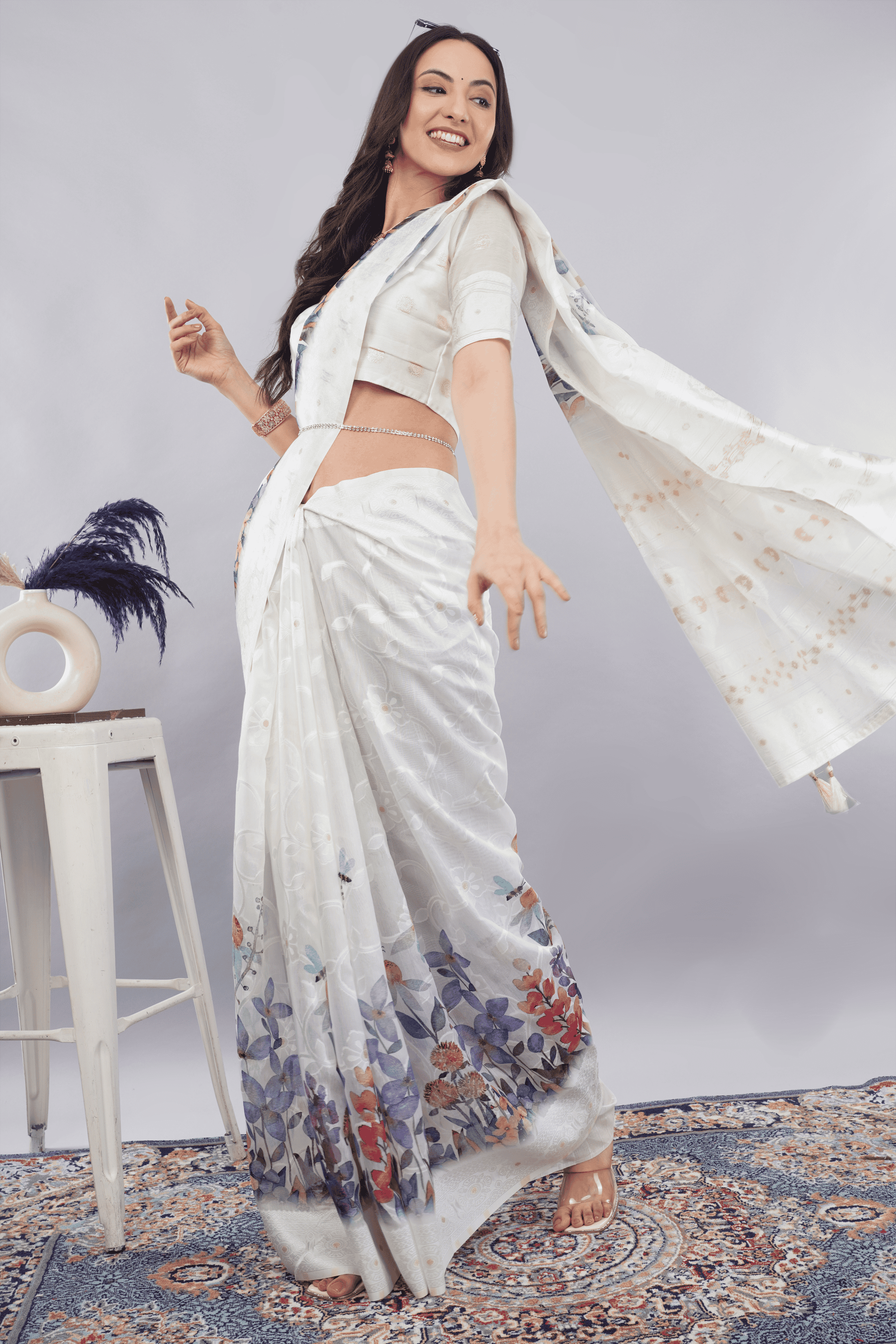 Samantha White Floral Printed Linen Saree with Tassel Pallu