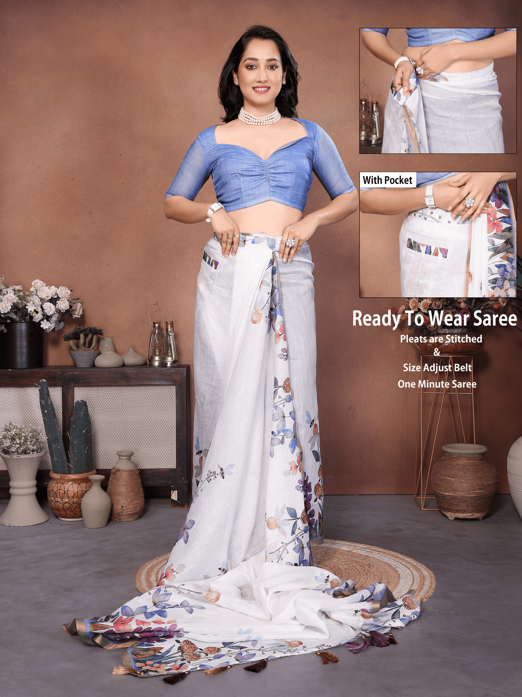 Floral white ready-to-wear saree with botanical print, pocket, and periwinkle ruched blouse