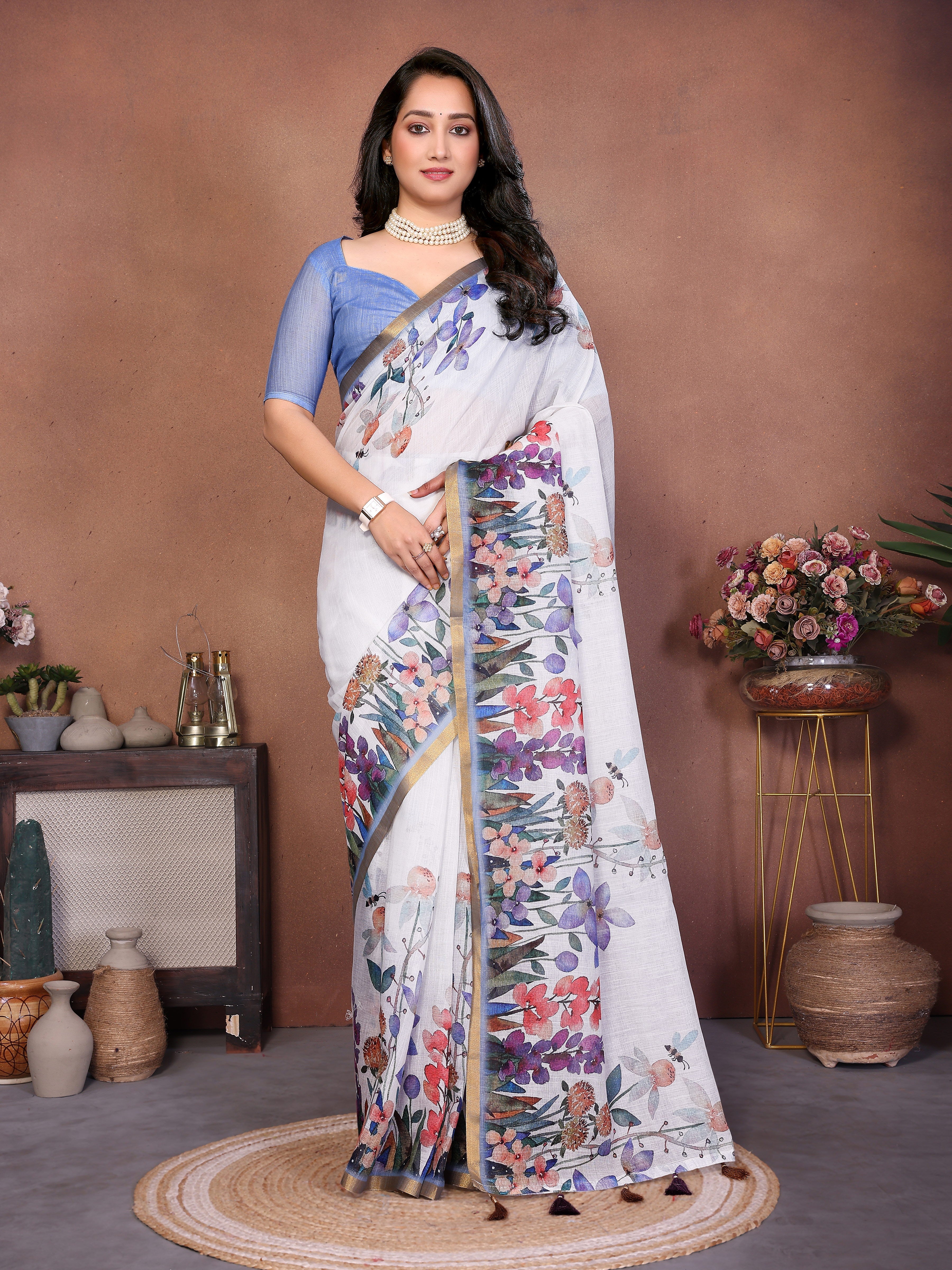 Floral White Ready-to-Wear Saree with Pocket and Periwinkle Ruched Blouse