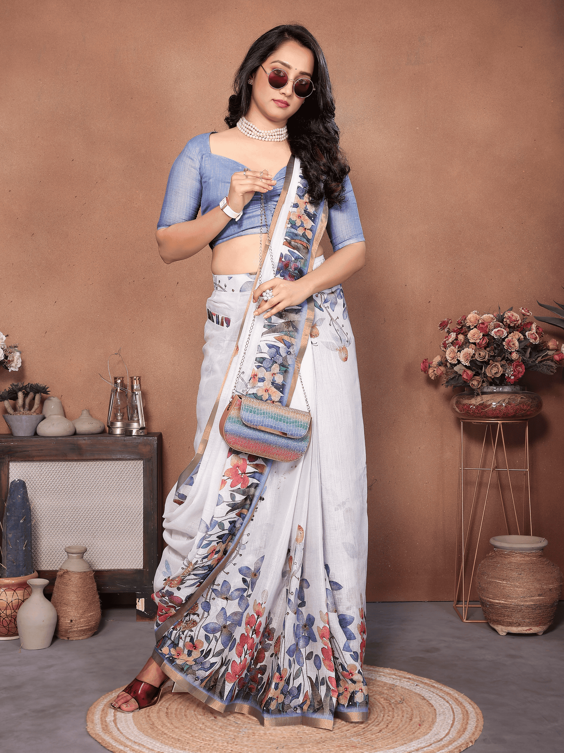 Floral White Ready-to-Wear Saree with Pocket and Periwinkle Ruched Blouse