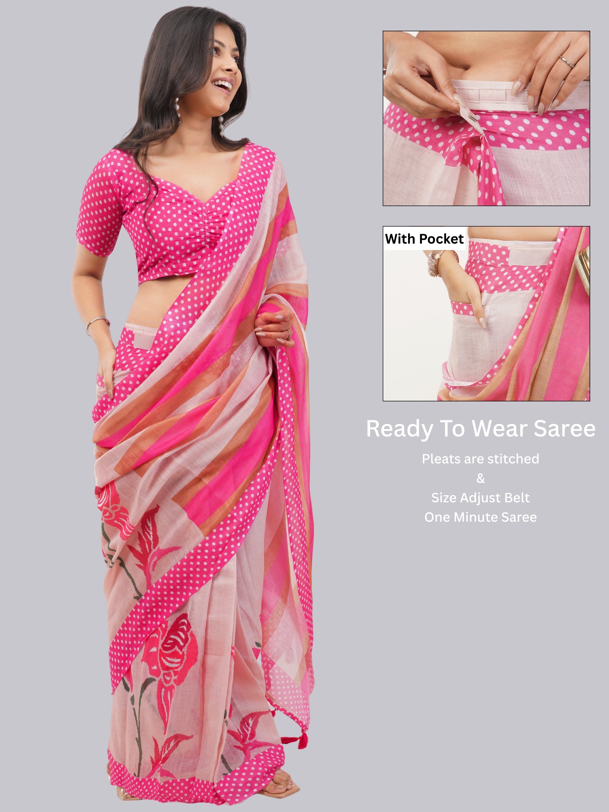 Samantha Pink & Peach Printed Ready-to-Wear Linen Saree with Pocket