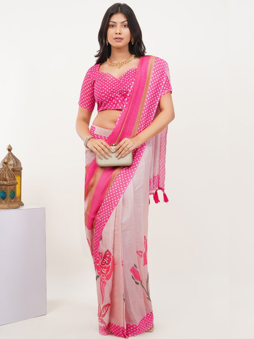 Samantha Pink & Peach Printed Ready-to-Wear Linen Saree with Pocket