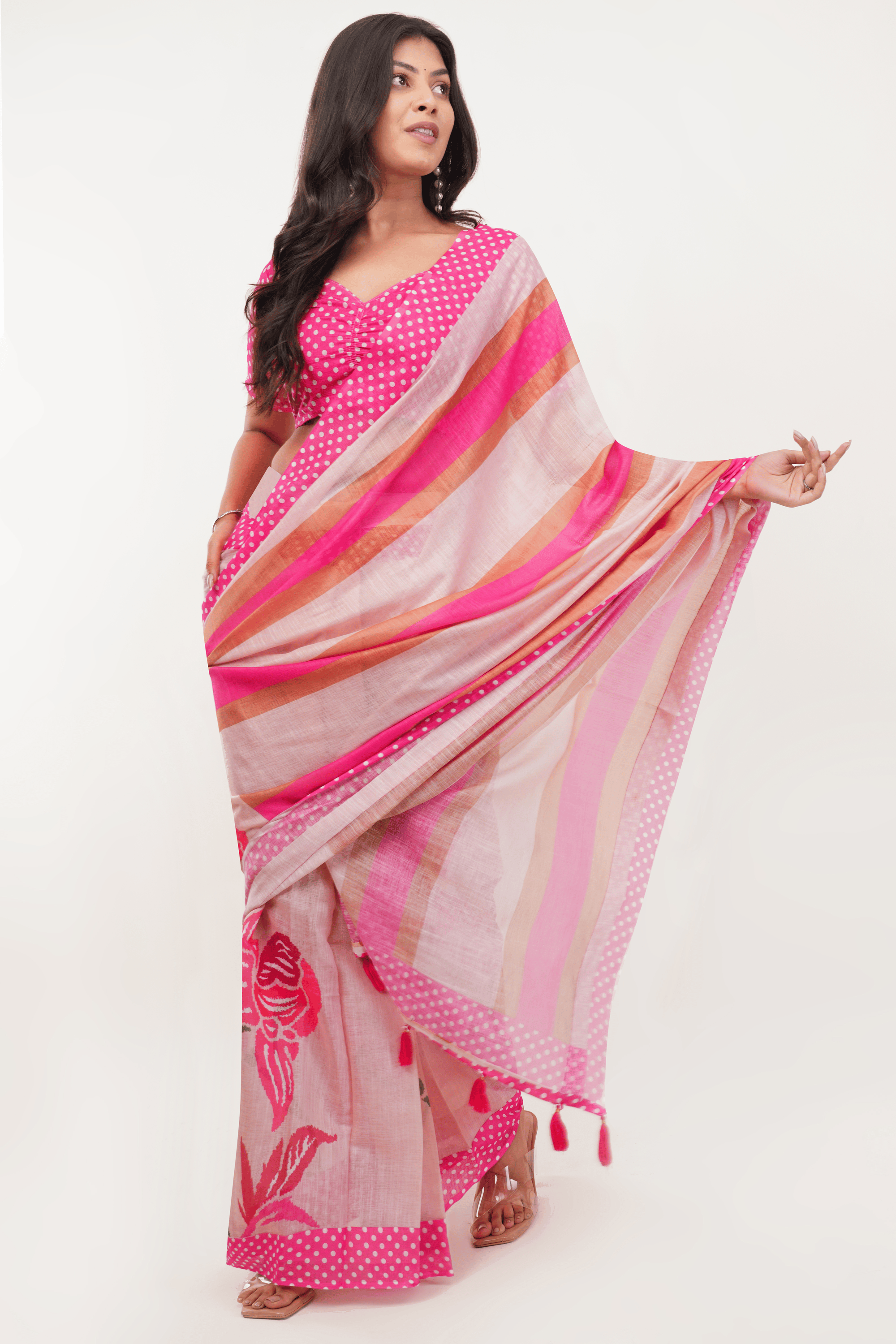 Samantha Pink & Peach Printed Ready-to-Wear Linen Saree with Pocket
