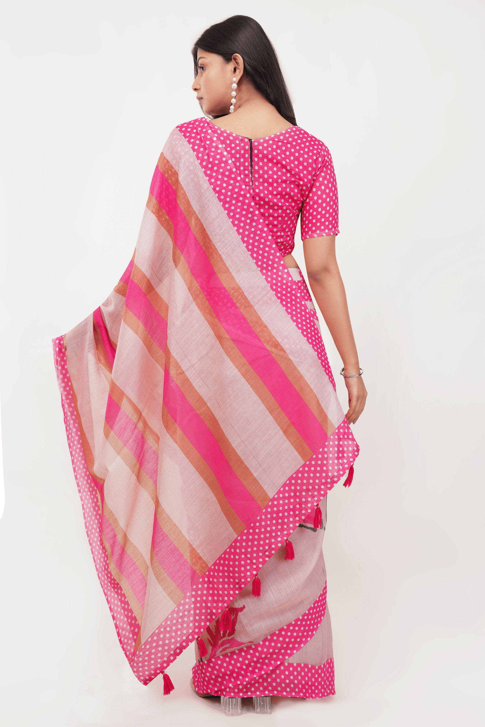 Samantha Pink & Peach Printed Ready-to-Wear Linen Saree with Pocket