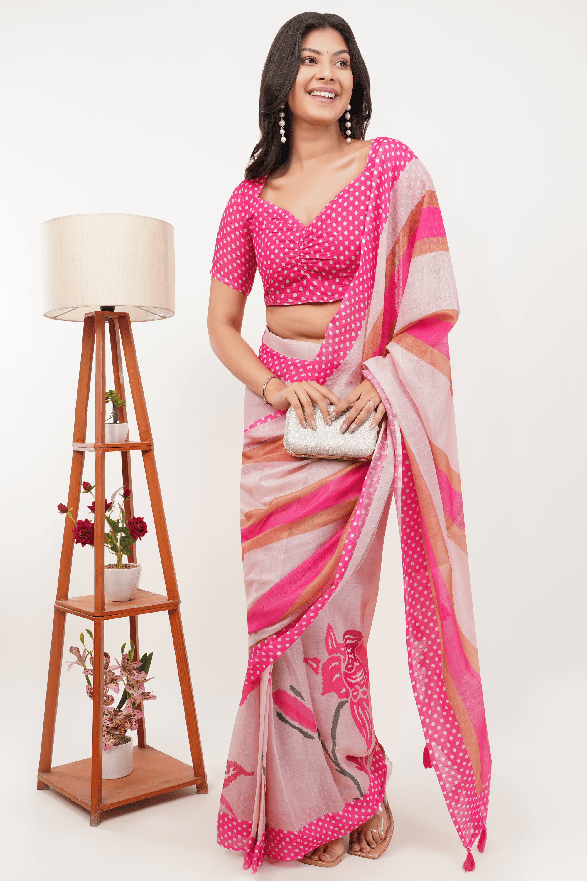 Samantha Pink & Peach Printed Ready-to-Wear Linen Saree with Pocket