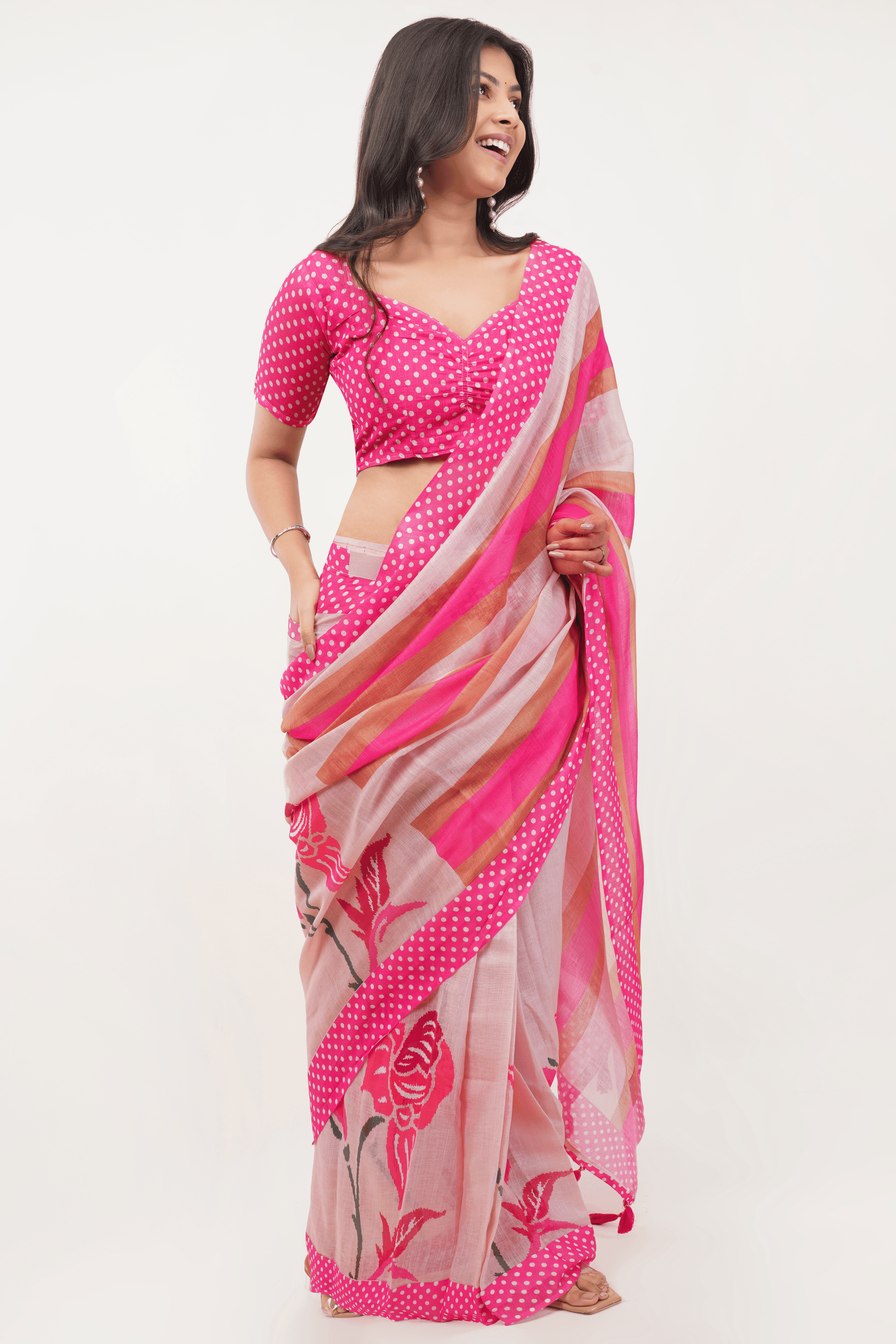 Pink and peach printed ready-to-wear linen saree with pocket by Samantha
