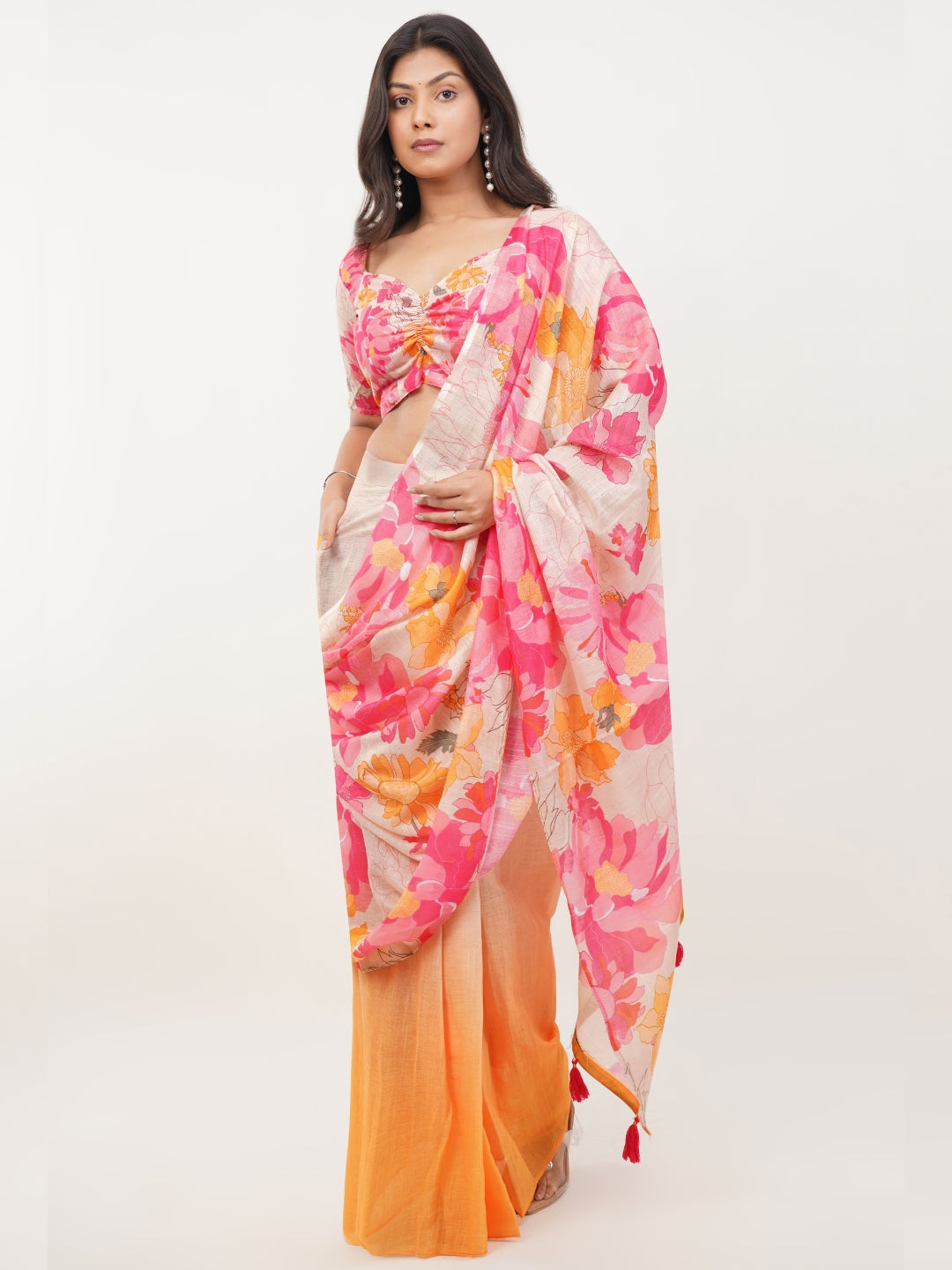 Samantha Peach & Pink Floral Ombre Linen Ready-to-Wear Saree with Pocket