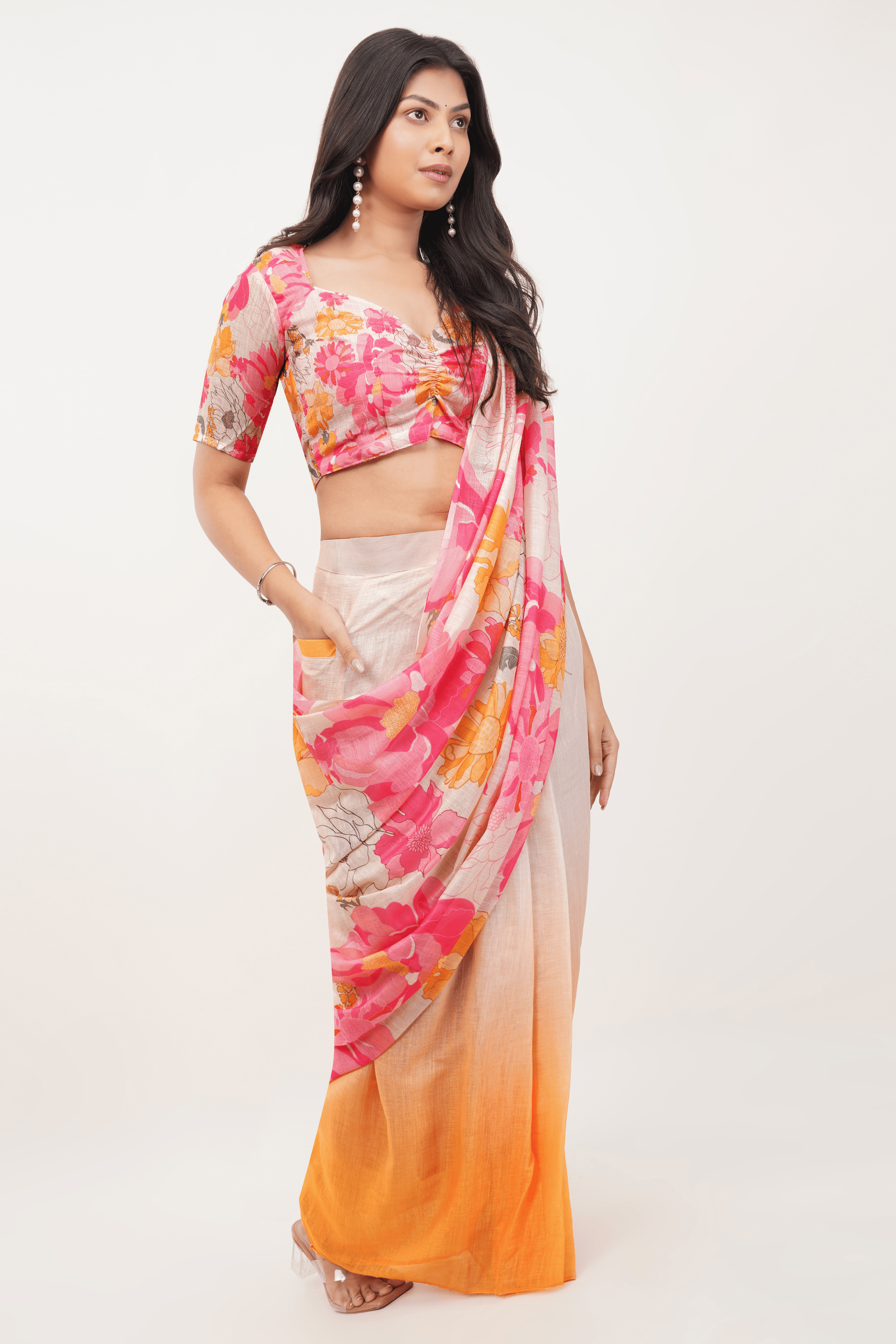 Samantha Peach & Pink Floral Ombre Linen Ready-to-Wear Saree with Pocket