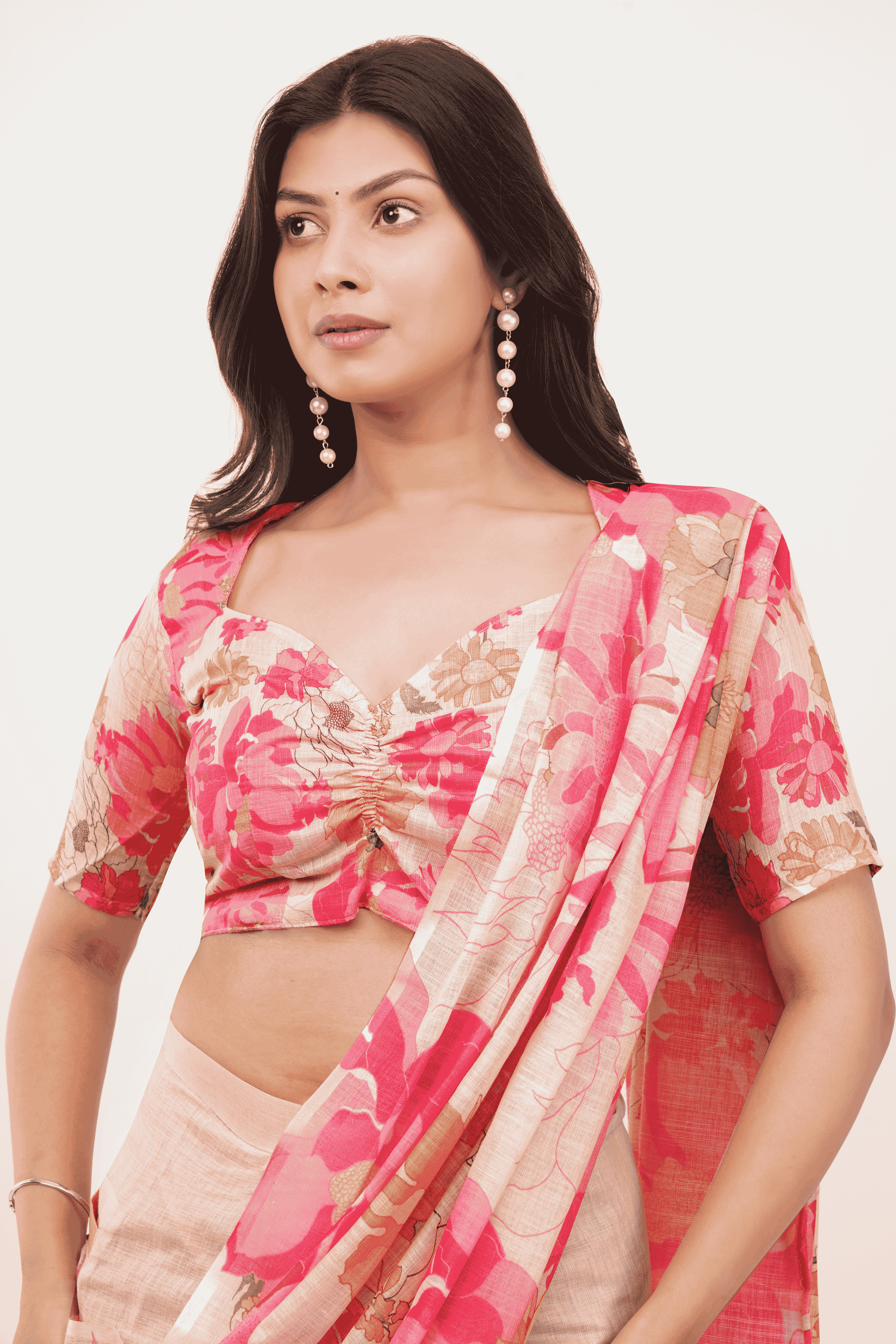 Samantha Peach & Pink Floral Ombre Linen Ready-to-Wear Saree with Pocket