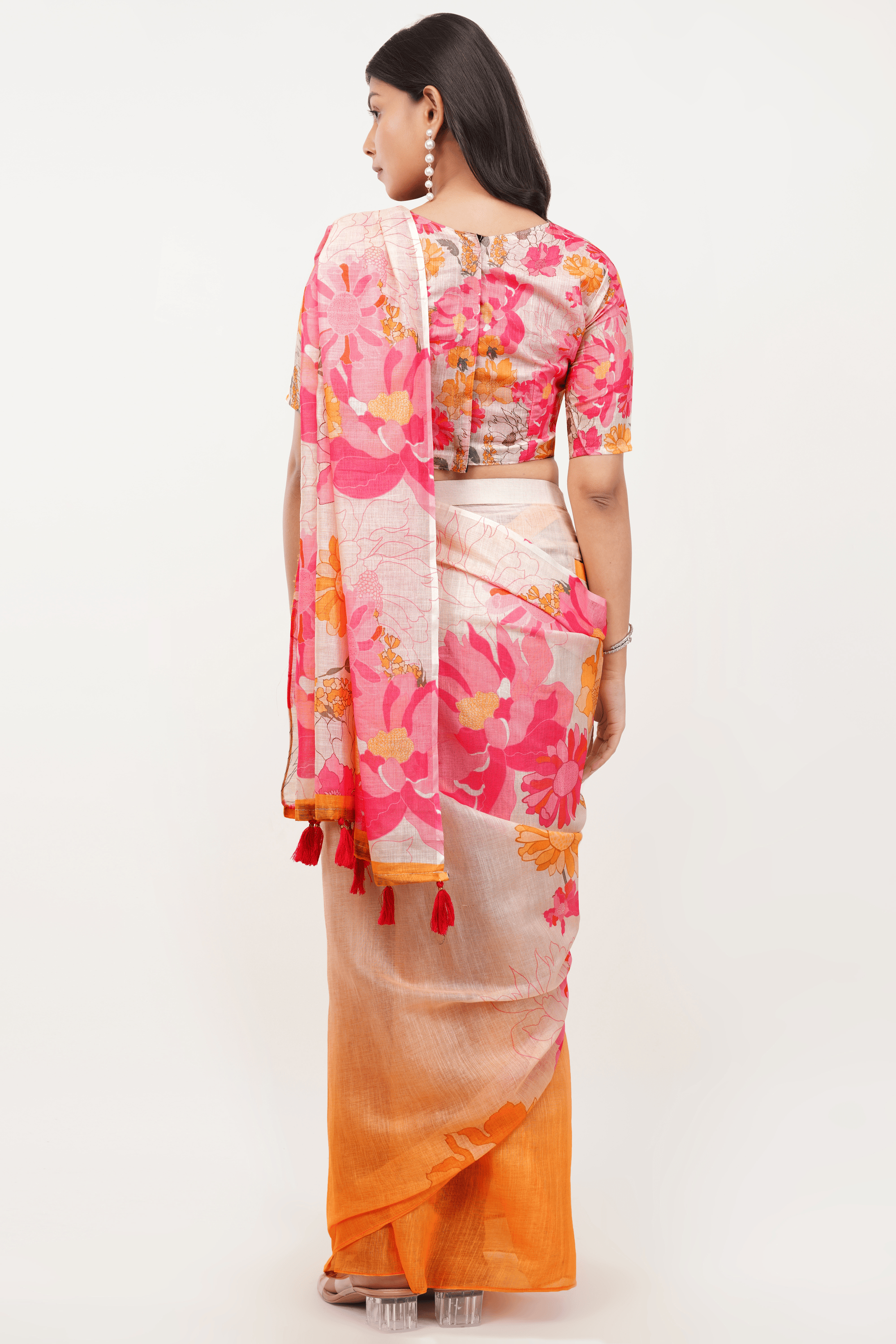 Samantha Peach & Pink Floral Ombre Linen Ready-to-Wear Saree with Pocket