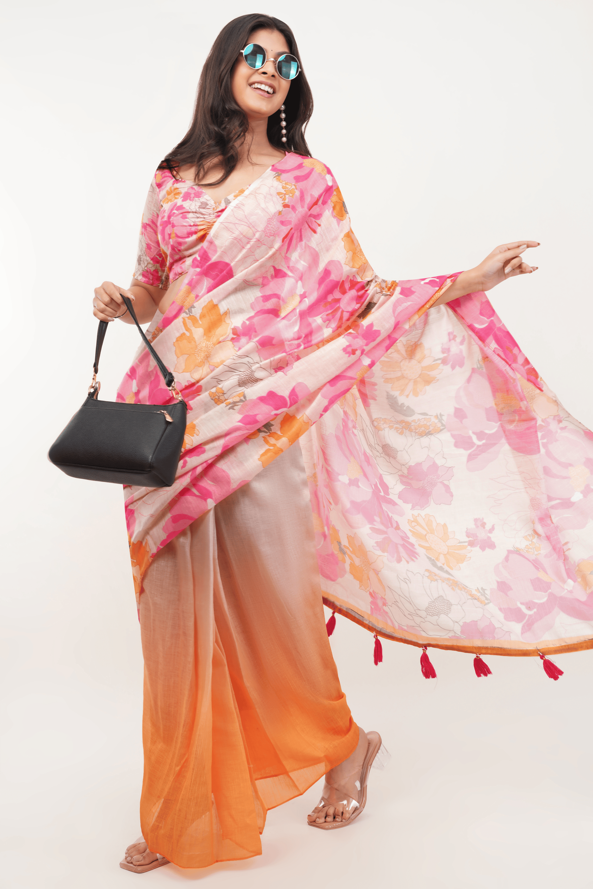 Samantha Peach & Pink Floral Ombre Linen Ready-to-Wear Saree with Pocket