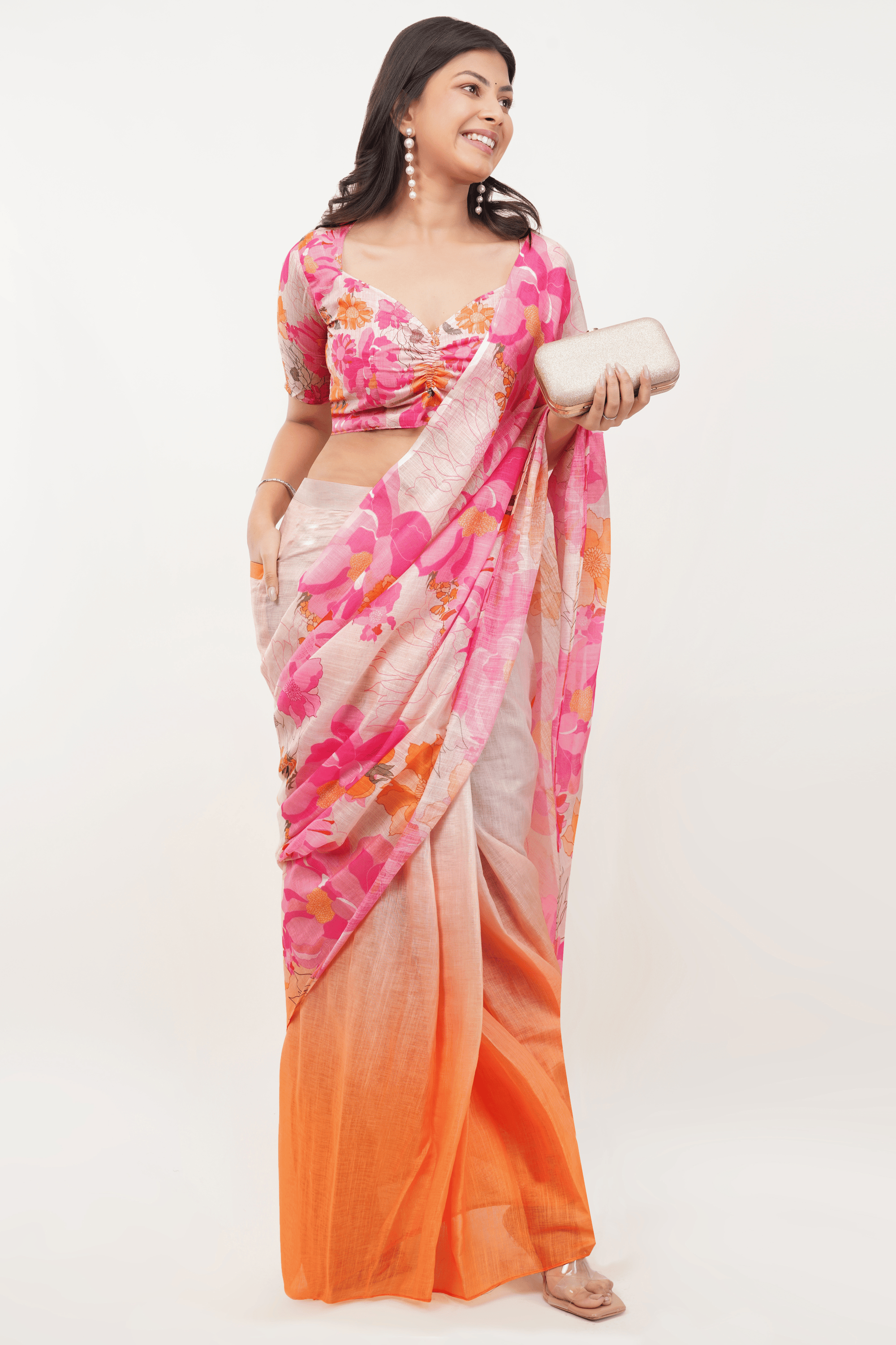 Samantha Peach & Pink Floral Ombre Linen Ready-to-Wear Saree with Pocket