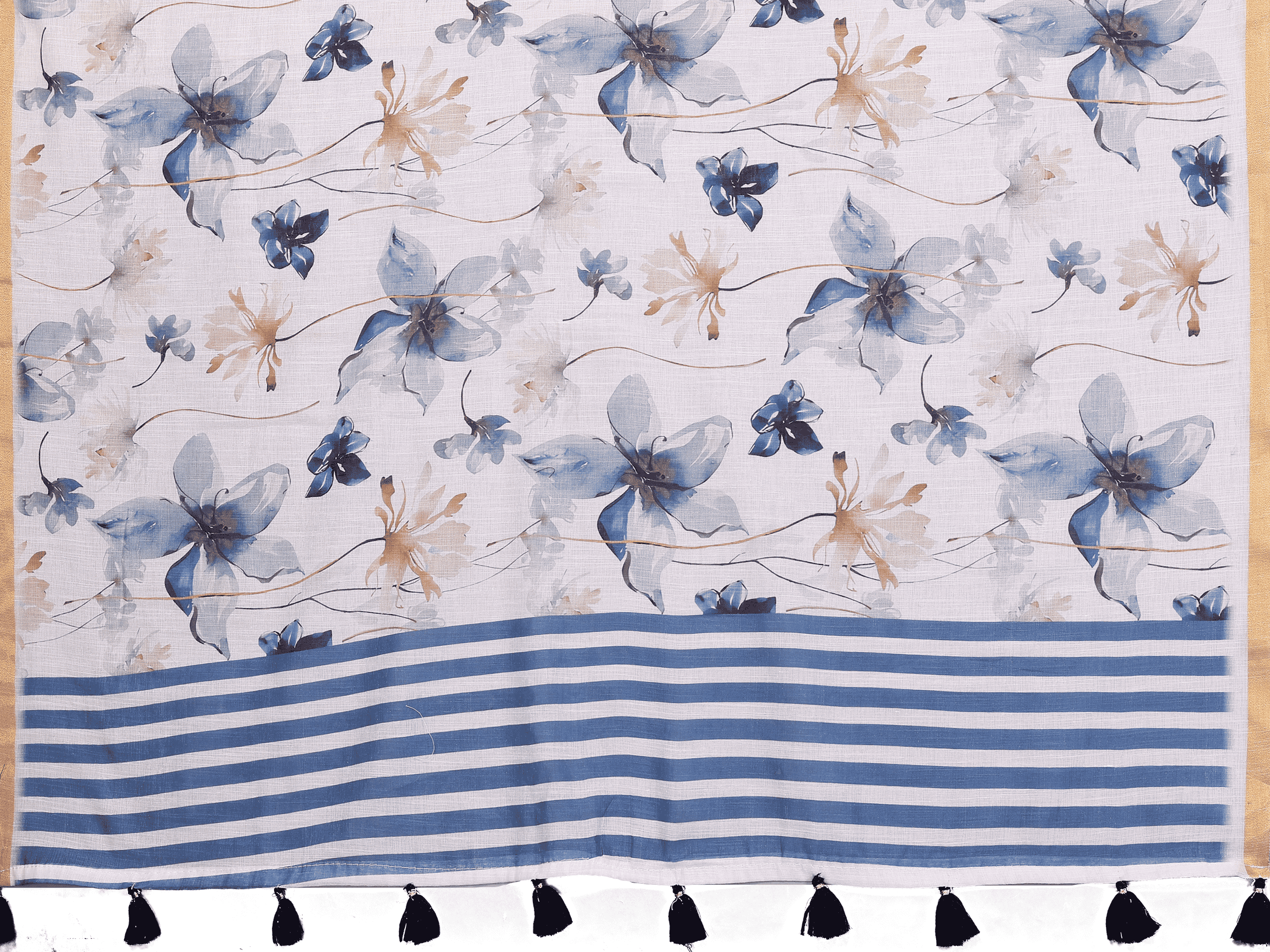 White and Blue Floral Ready-to-Wear Saree with Striped Pallu, Pocket and Tassels