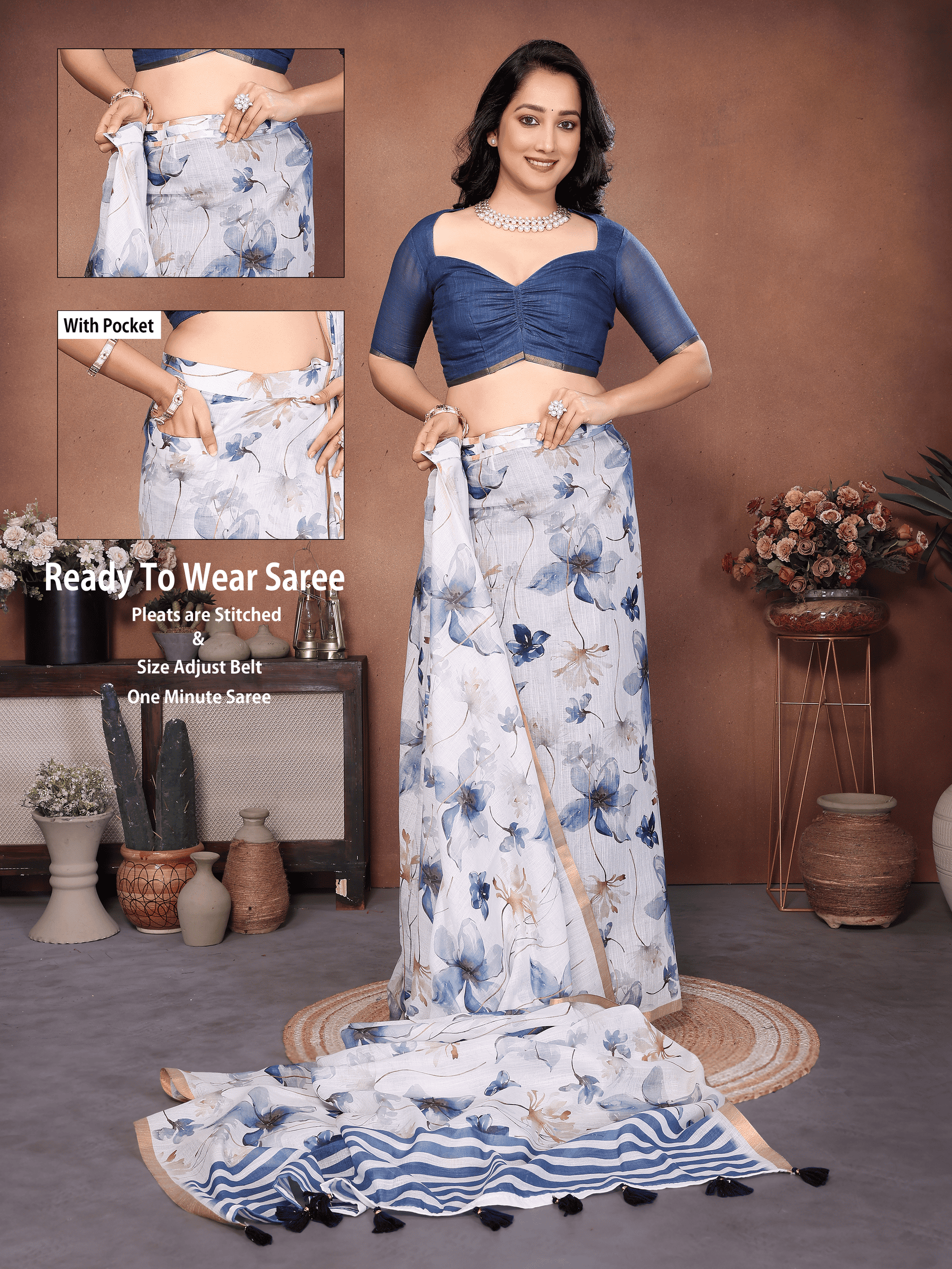 White and blue floral ready-to-wear saree with striped pallu, tassels and side pocket
