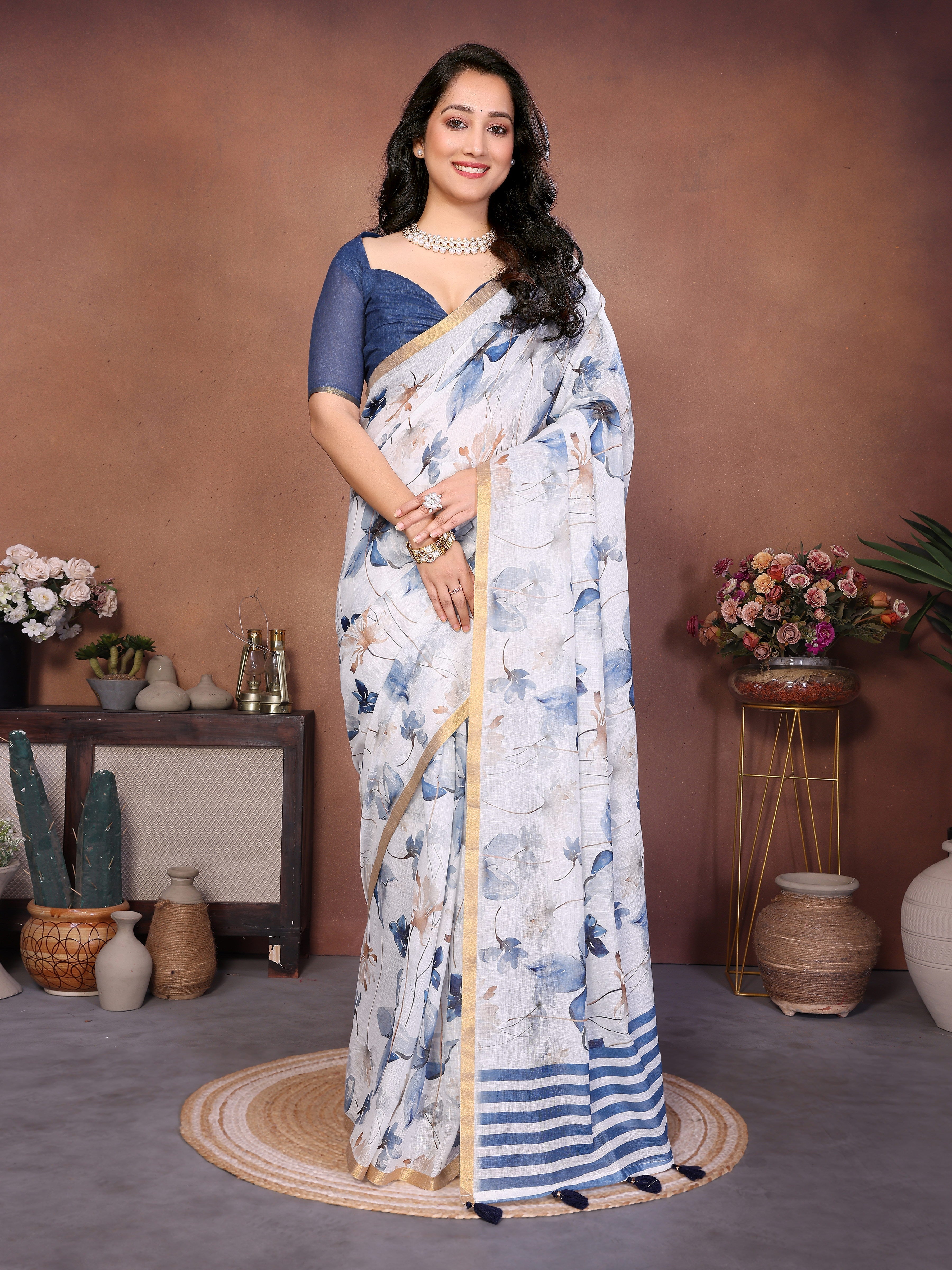 White and Blue Floral Ready-to-Wear Saree with Striped Pallu, Pocket and Tassels