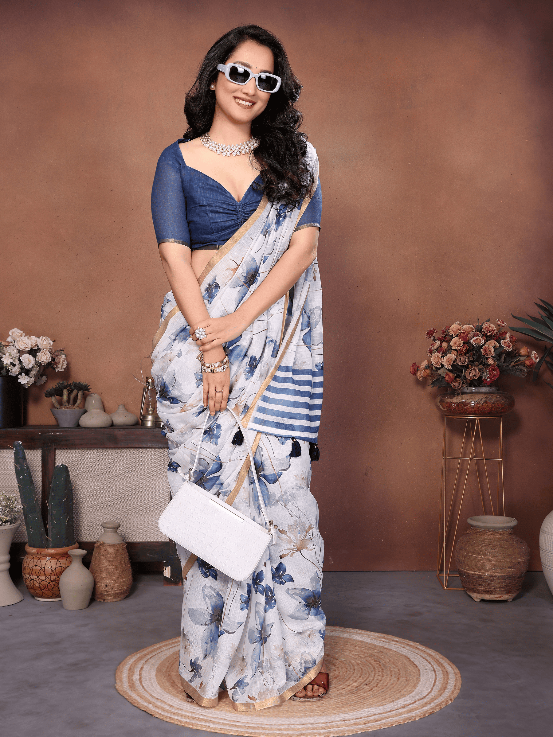 White and Blue Floral Ready-to-Wear Saree with Striped Pallu, Pocket and Tassels