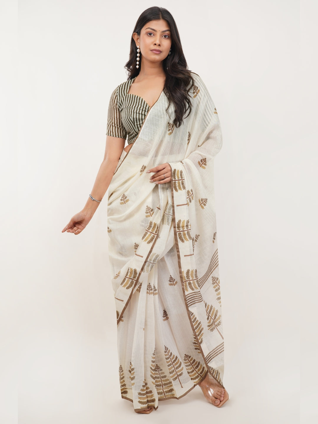 Samantha Off White Tree Motif Printed Linen Ready-to-Wear Saree with Pocket