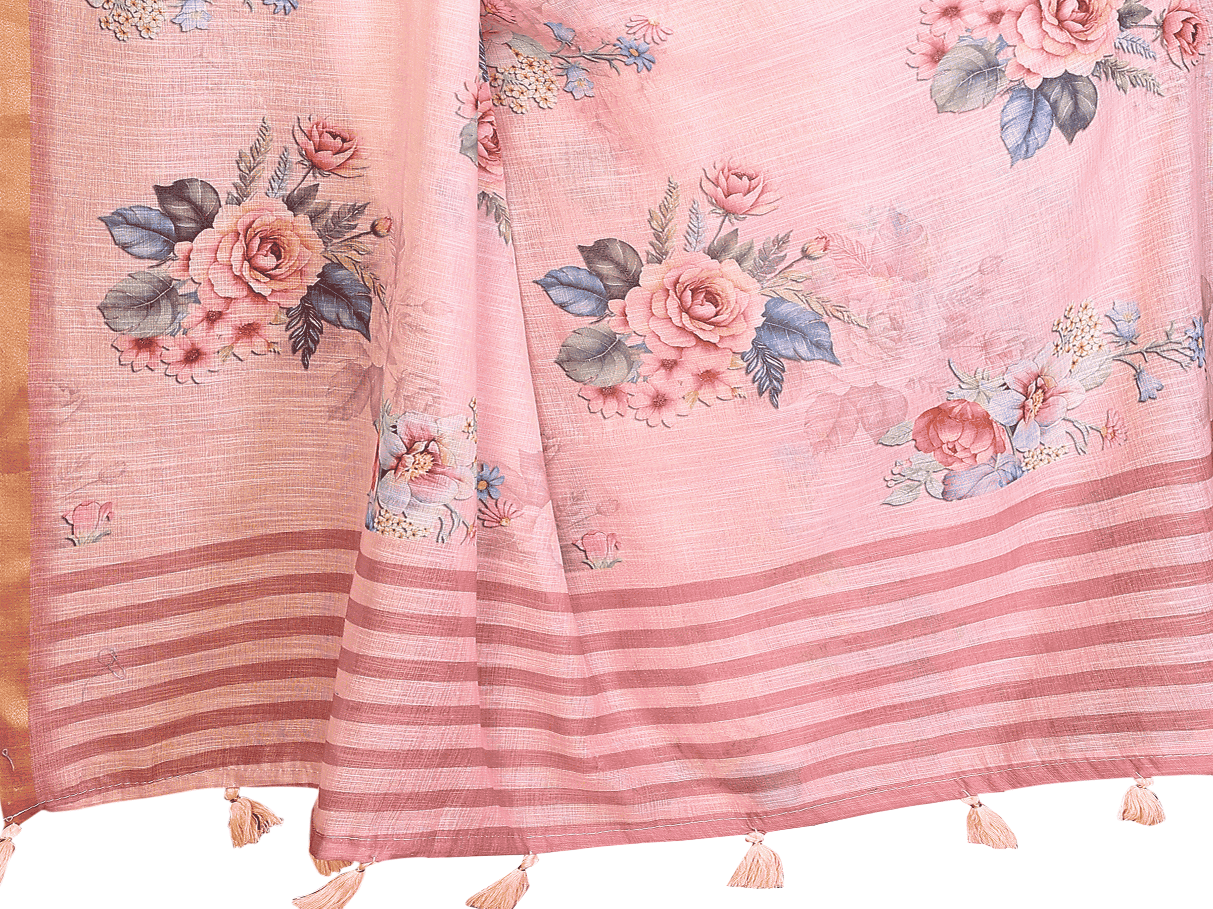 Pink Floral Ready-to-Wear Saree with Gold Border, Pocket and Tassels