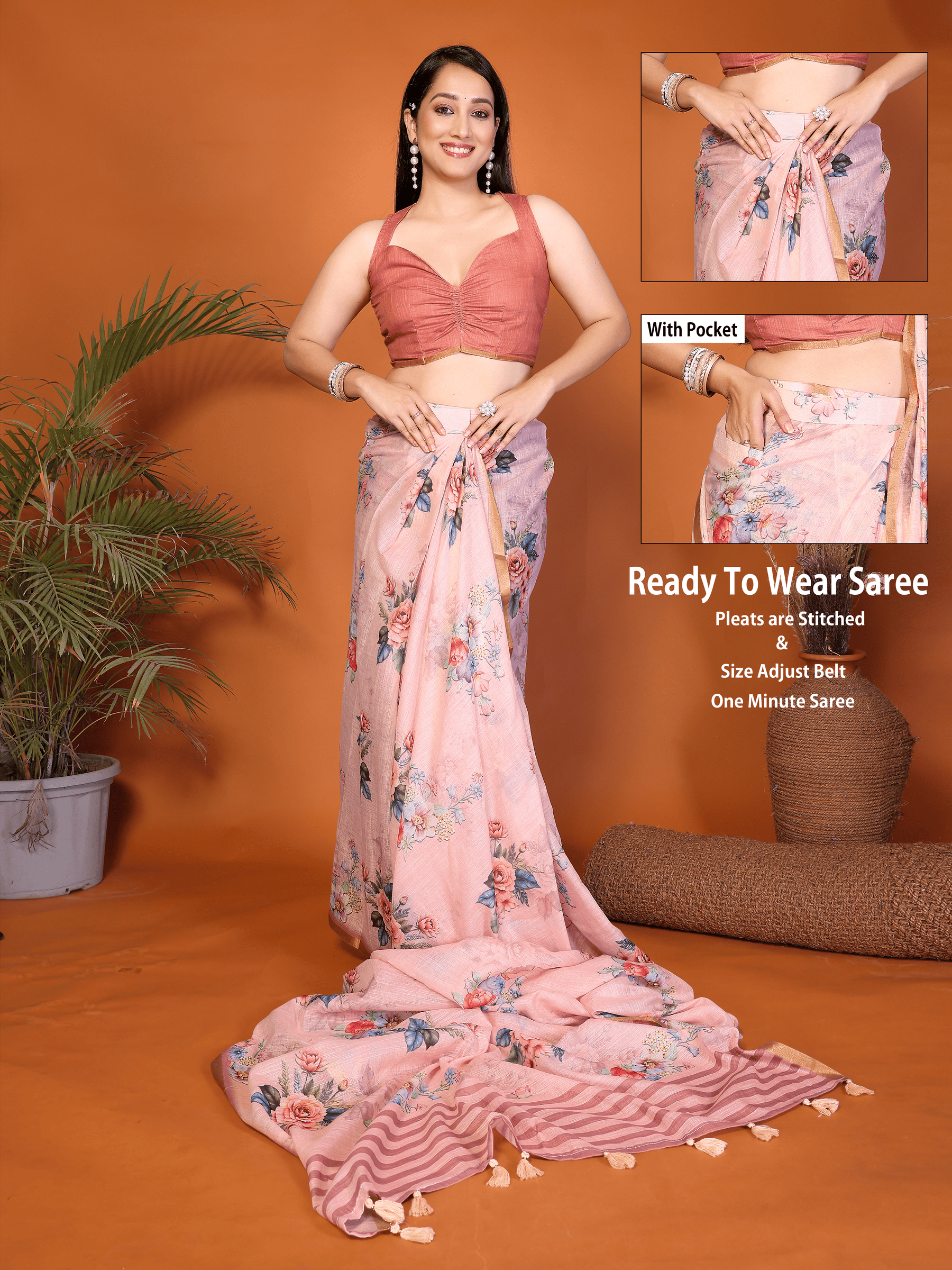 Pink floral ready-to-wear saree with gold border, tassels and side pocket