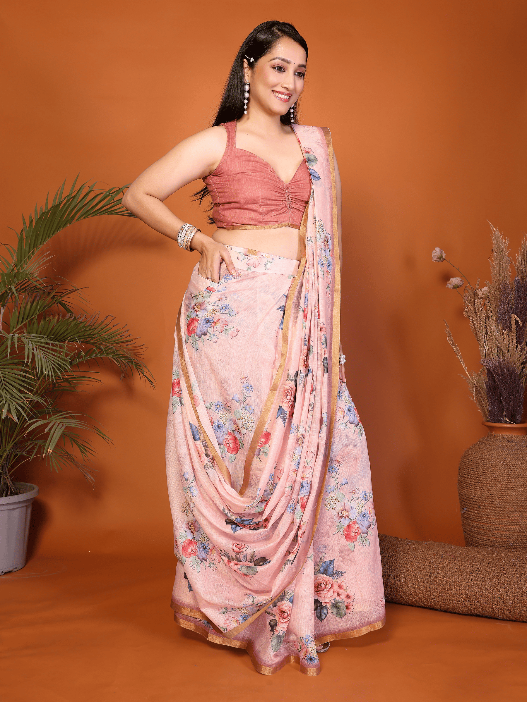 Pink Floral Ready-to-Wear Saree with Gold Border, Pocket and Tassels