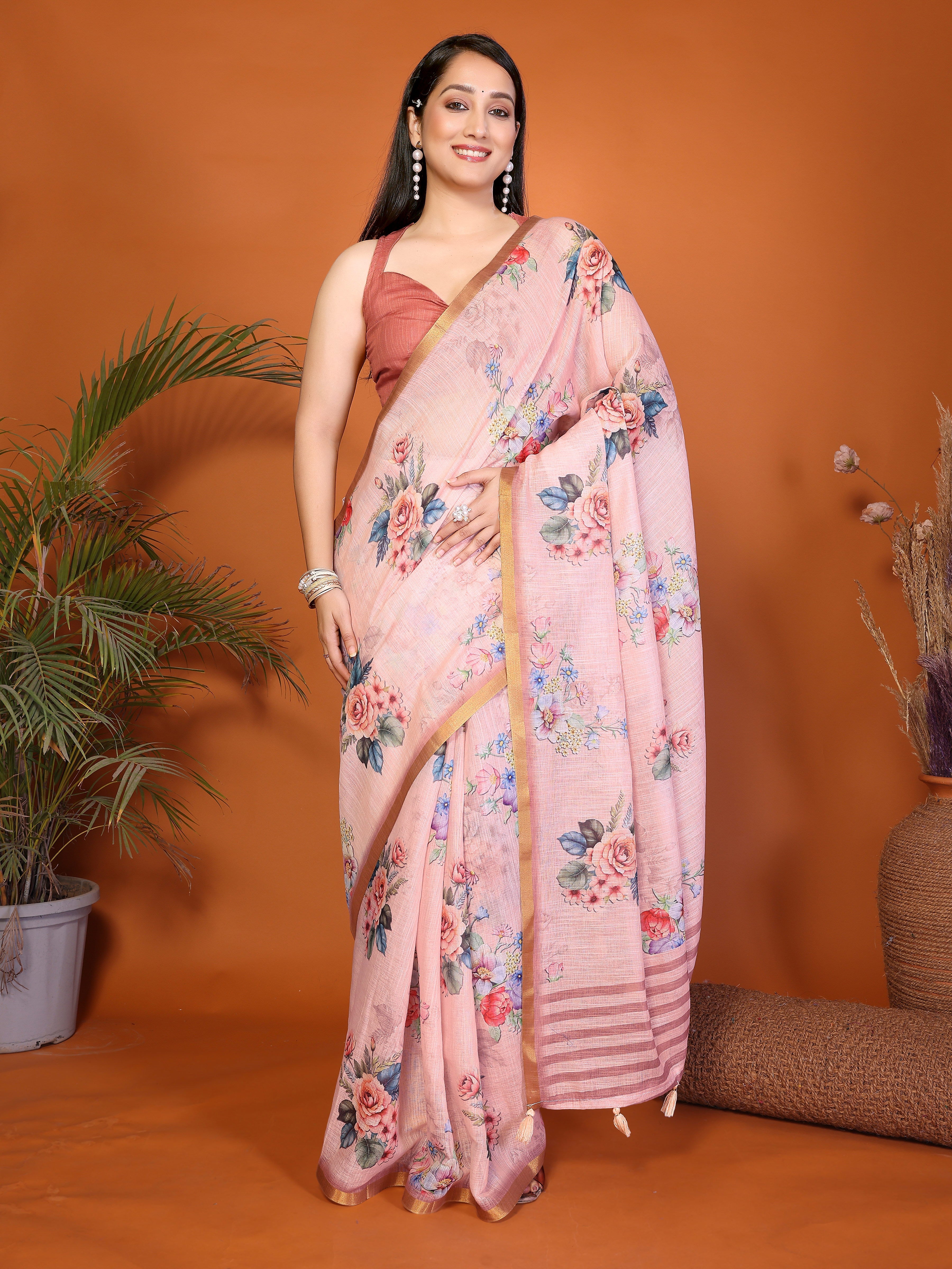 Pink Floral Ready-to-Wear Saree with Gold Border, Pocket and Tassels